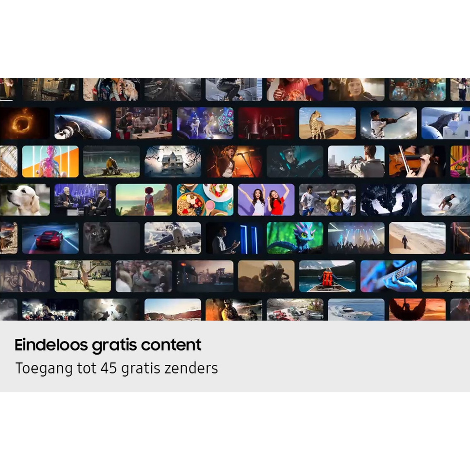 Grid of various images, showcasing diverse content. Text at the bottom says: Endless free content, access to 45 free channels.