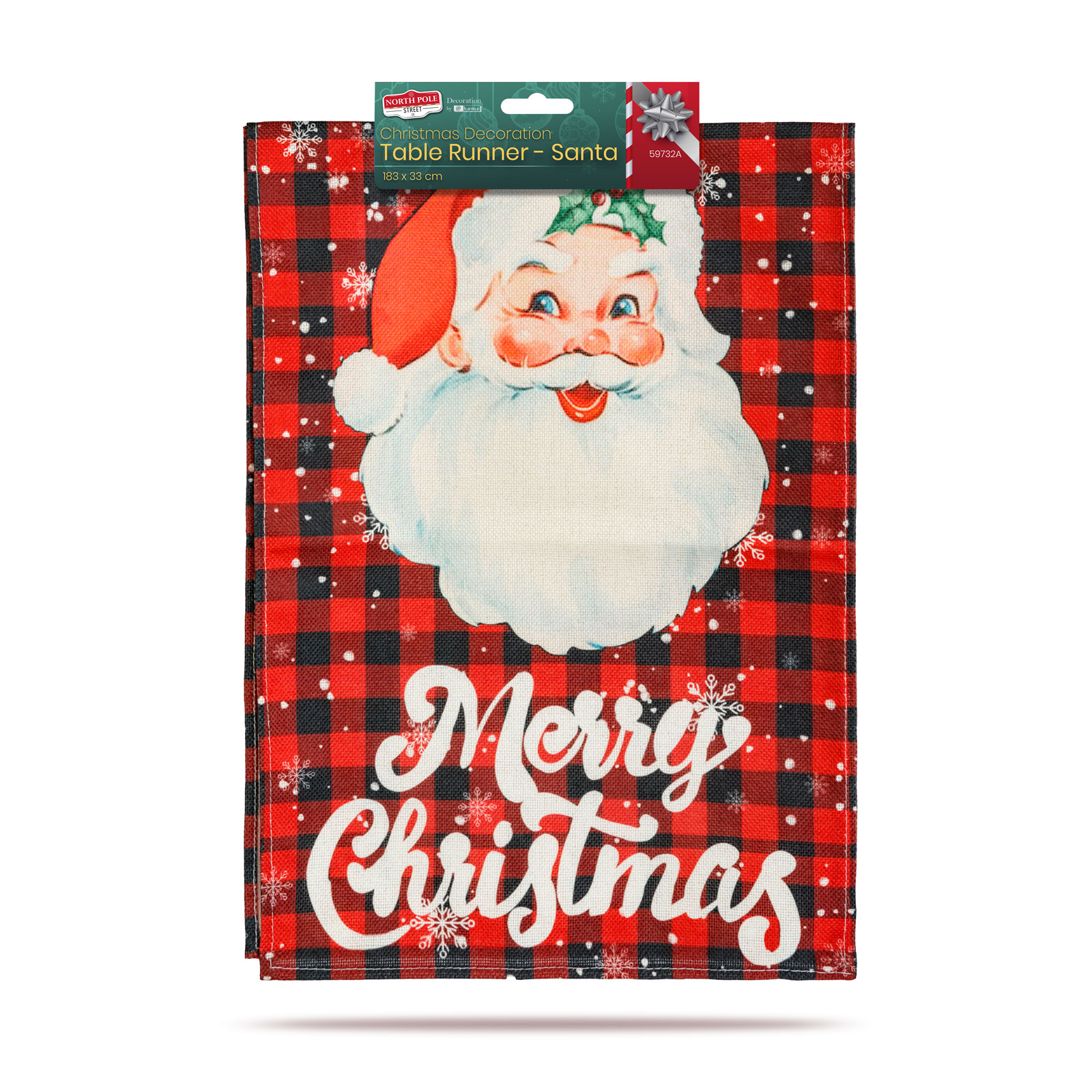 Karácsonyi asztali futó Mikulás képpel és piros-fekete kockás háttérrel. A szöveg: 'Merry Christmas'.