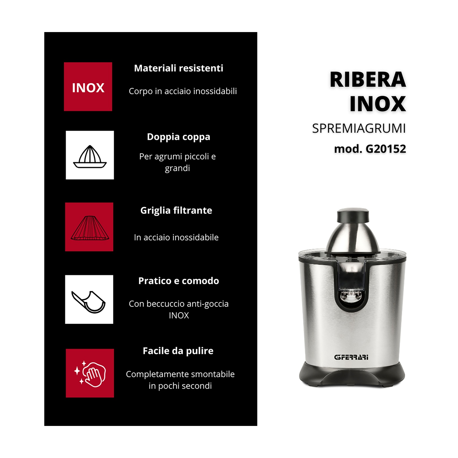 Uno spremiagrumi argento e nero con informazioni sul prodotto a sinistra. Il marchio è Ribera Inox.