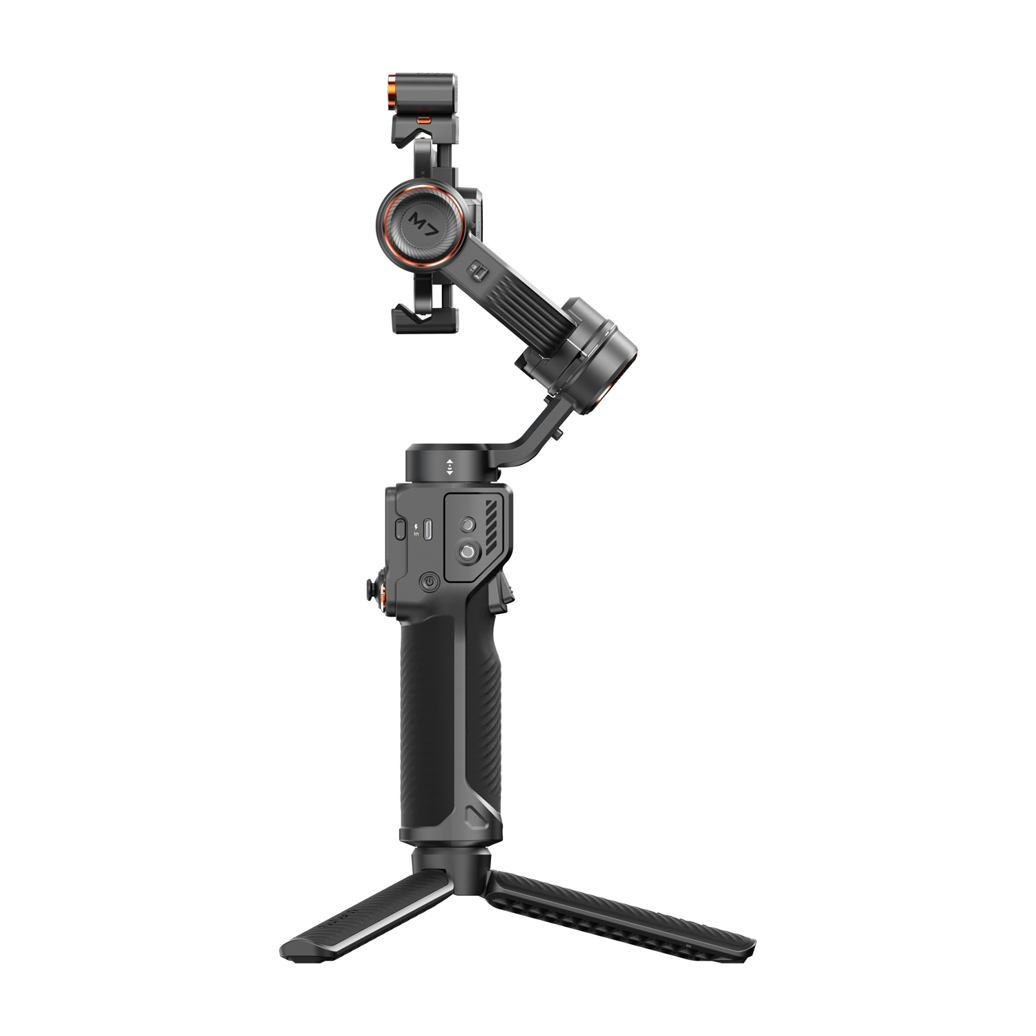 Uno stabilizzatore gimbal M7 nero e grigio con supporto per telefono. Ha una base a treppiede e dettagli arancioni.