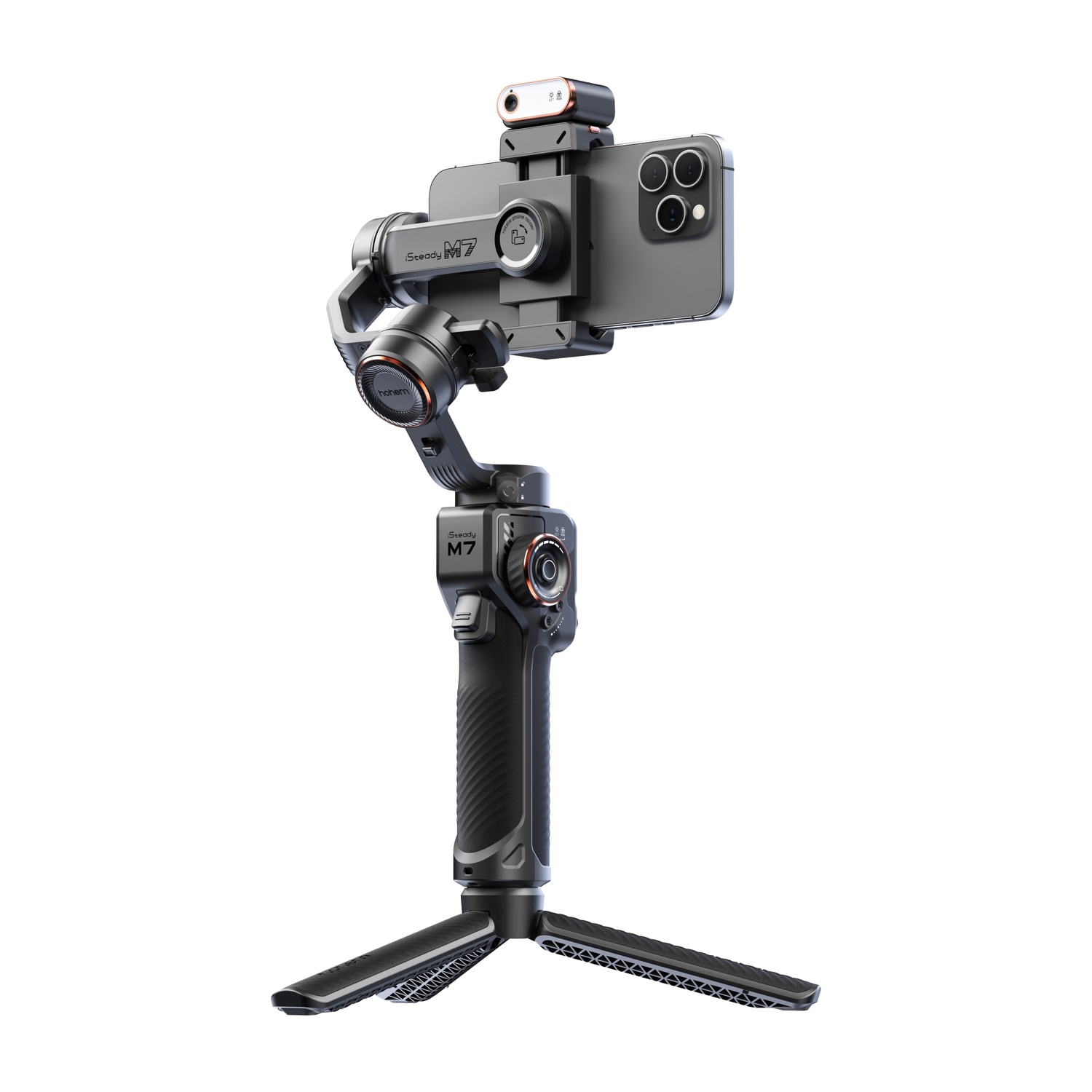 Uno stabilizzatore iSteady M7 nero con un telefono attaccato. È su un treppiede, con una fotocamera e altri accessori sopra.