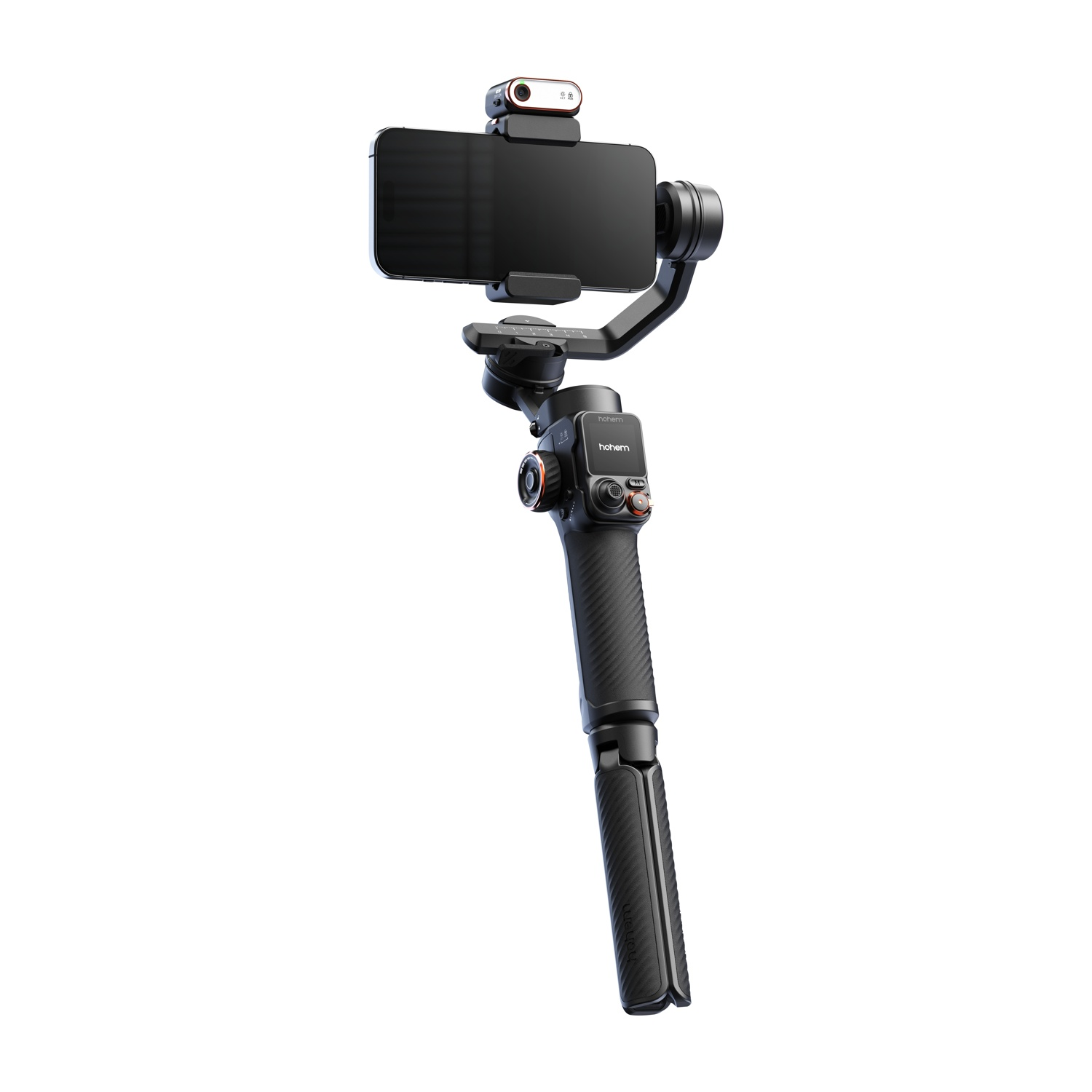 Uno stabilizzatore gimbal per smartphone nero con telefono collegato. È su sfondo bianco. Lo stabilizzatore ha un'impugnatura e dei pulsanti.