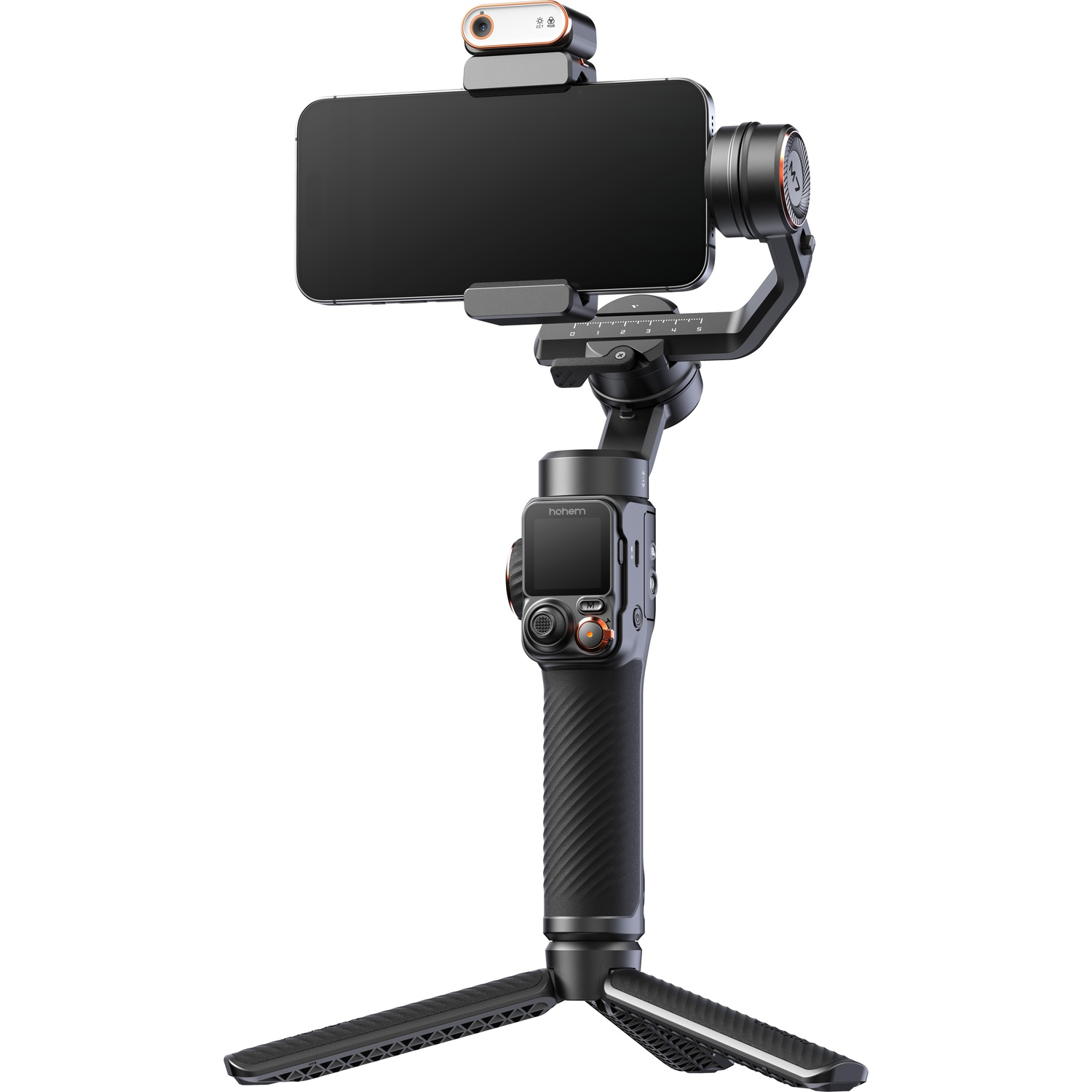 Uno smartphone nero è montato su uno stabilizzatore gimbal con base a treppiede. Il gimbal ha pulsanti e una testa rotante.
