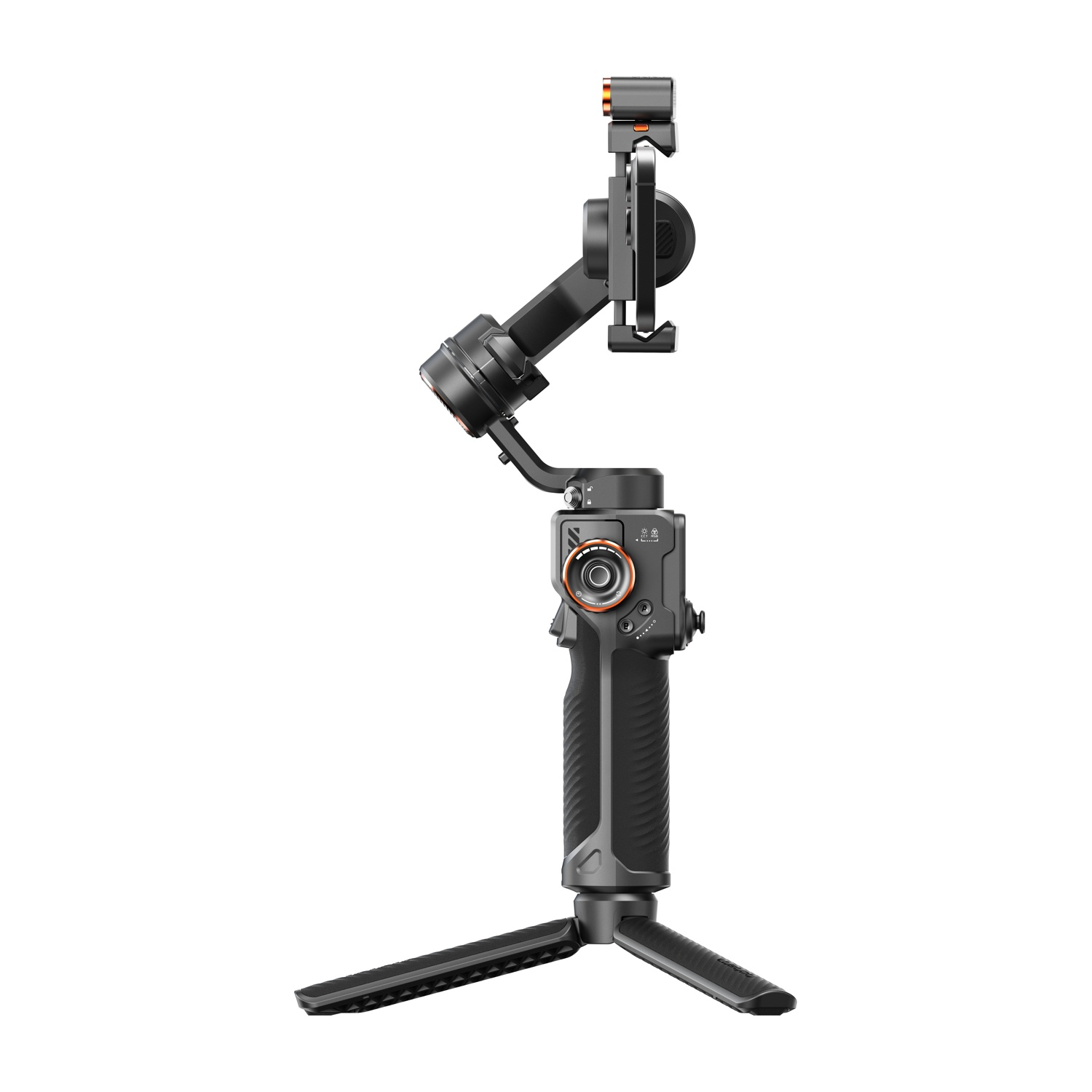 Uno stabilizzatore gimbal nero con un supporto per telefono. Ha una maniglia ed è supportato da un treppiede. Lo sfondo è bianco.