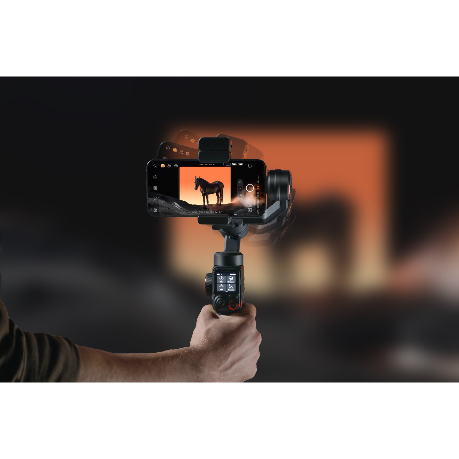 Una persona tiene in mano un telefono montato su un gimbal, mostrando l'immagine di un cavallo, con sfondo sfocato.