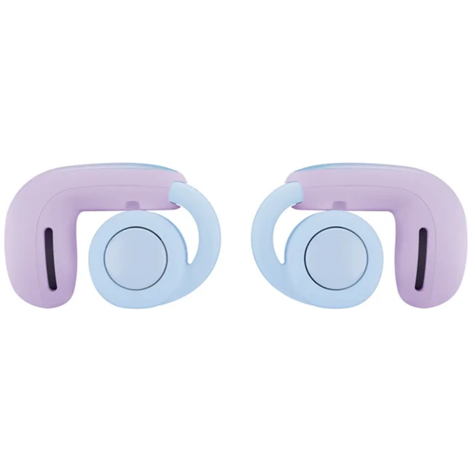 Two wireless earbuds. Each has a lavender body, light blue ear hook, and a light blue circle. Black lines are visible.
