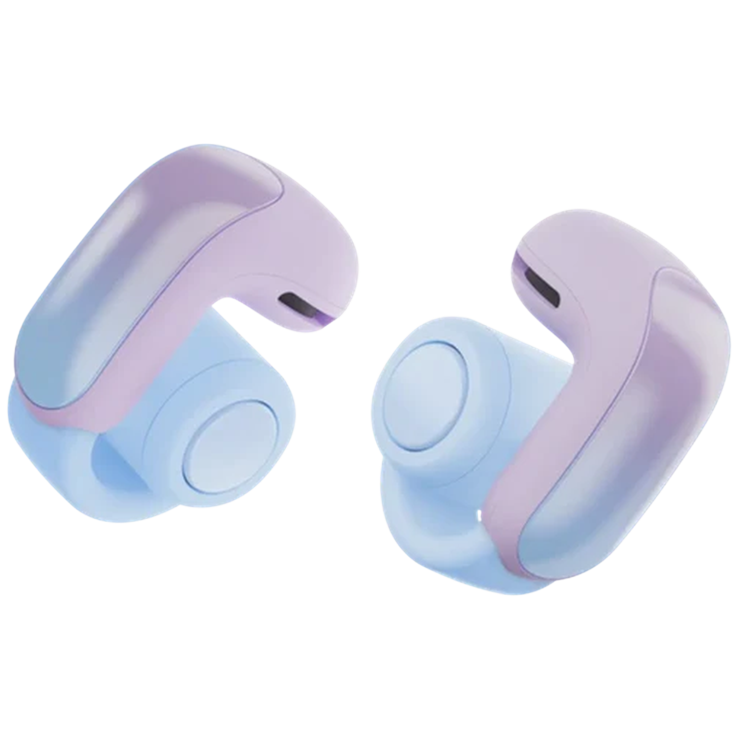 Two wireless earbuds. Each has a light blue base and a curved lavender top. They are isolated on a white background.