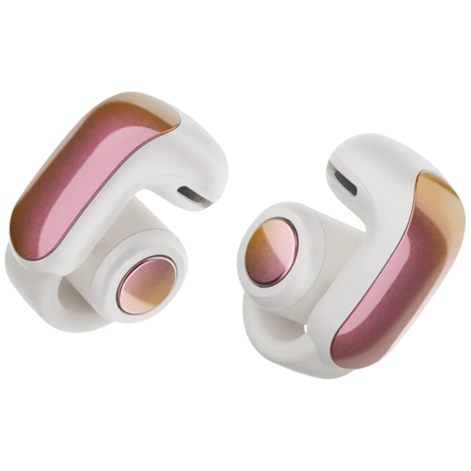 Two white and rose gold wireless earbuds are displayed against a white background. They have a sleek, modern design.