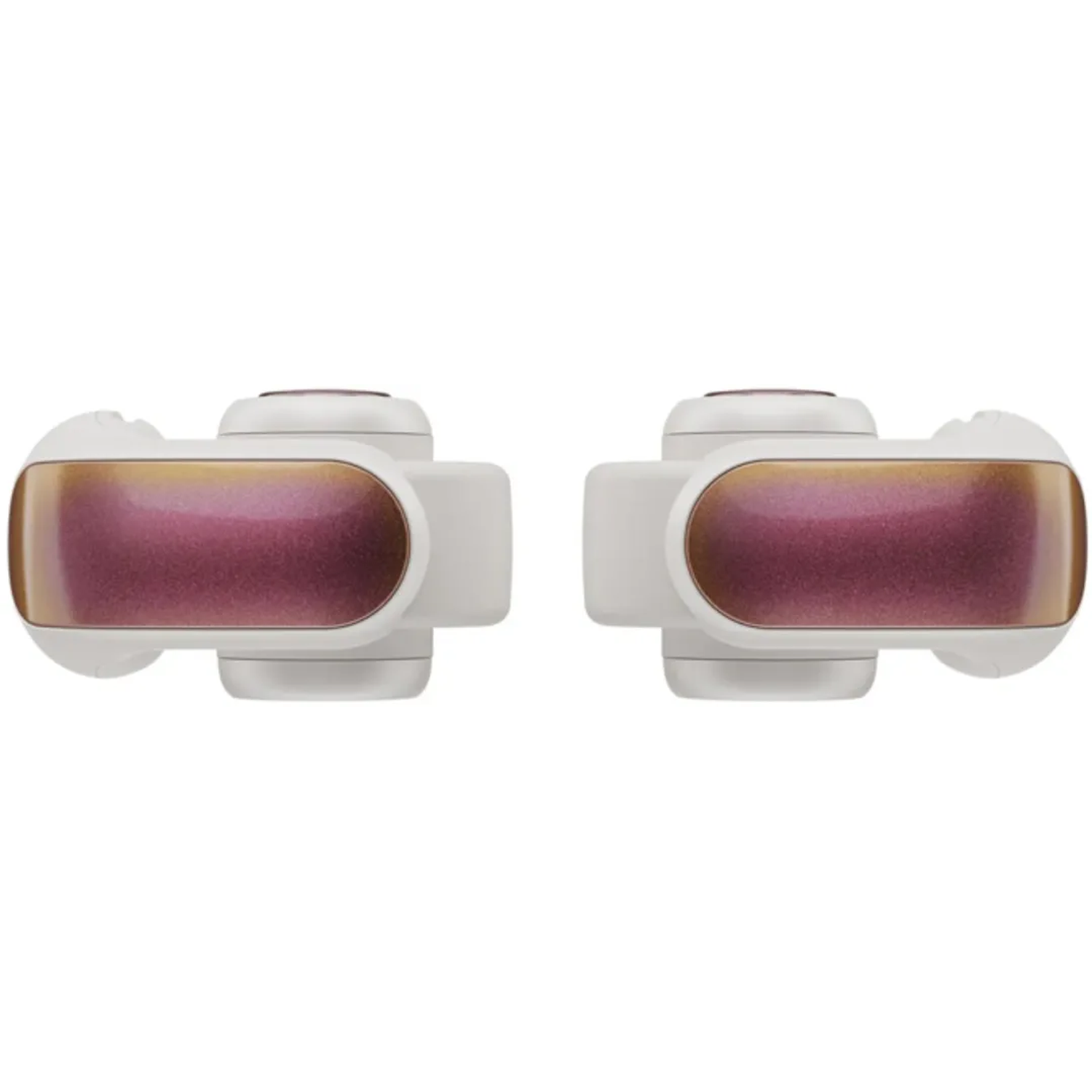 Two white and gold earbud devices with a pinkish-purple center. They are symmetrical, set against a plain white background.