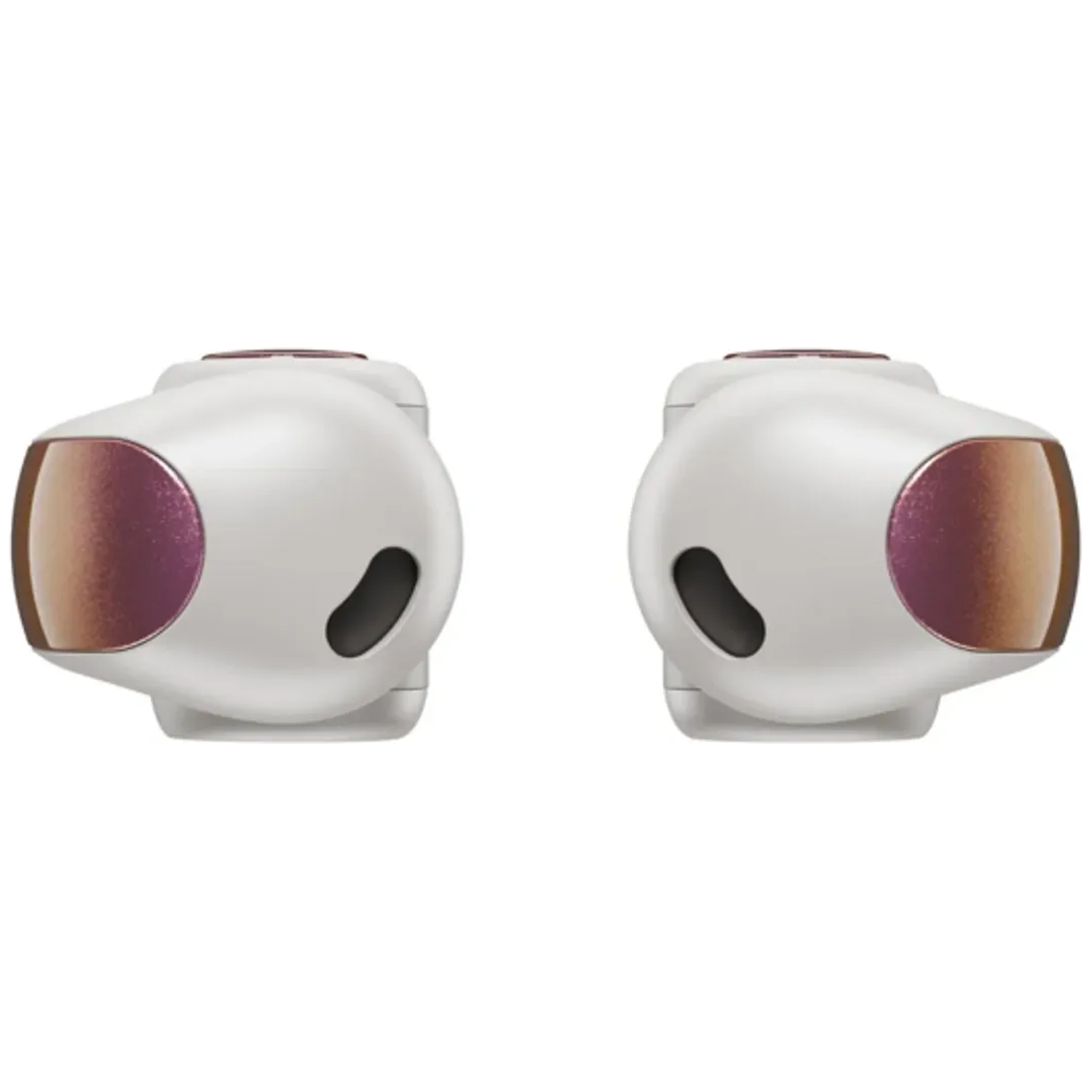 Two white and rose gold earbuds are displayed against a white background. Each has a metallic accent and a small black hole.