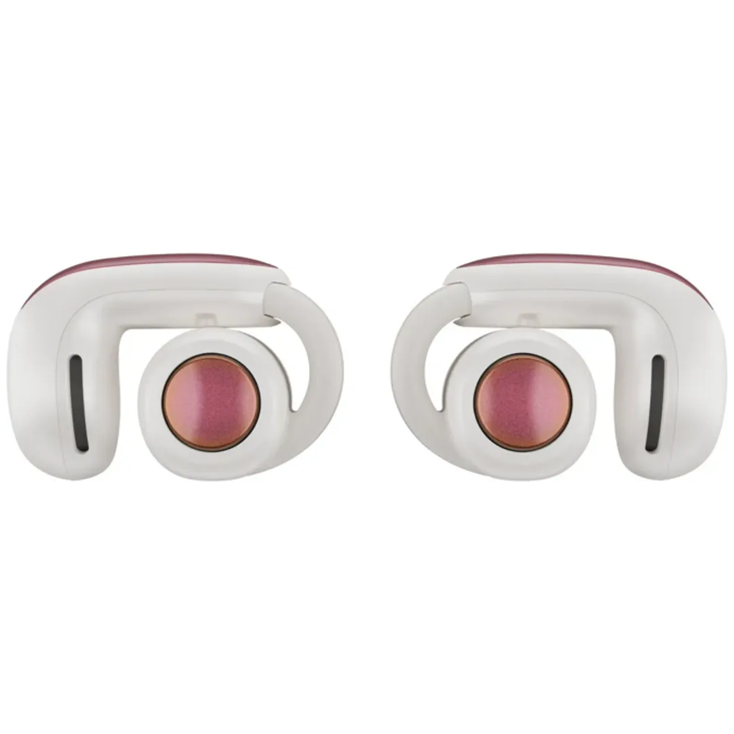 Two white and maroon wireless earbuds. Each has a circular earpiece and an ear hook. The background is plain white.