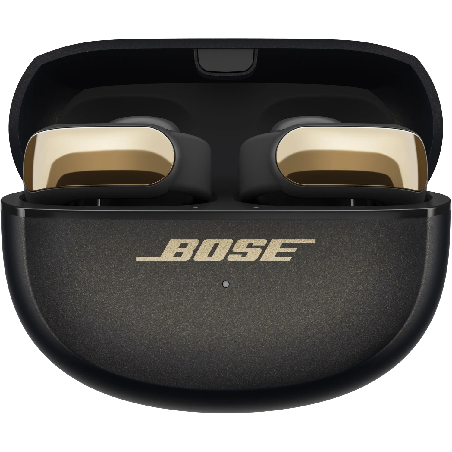 Zwarte Bose oordopjes in een oplaadcase. De oordopjes hebben gouden accenten. De case is zwart met het gouden Bose logo.