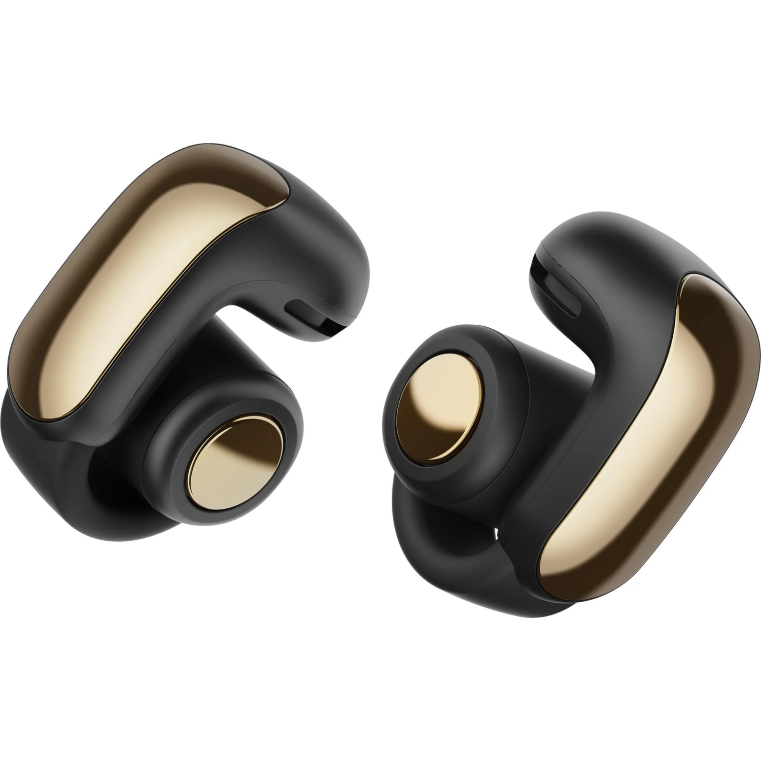 Twee draadloze oordopjes. Zwart met gouden accenten en een gouden ronde knop. Witte achtergrond.
