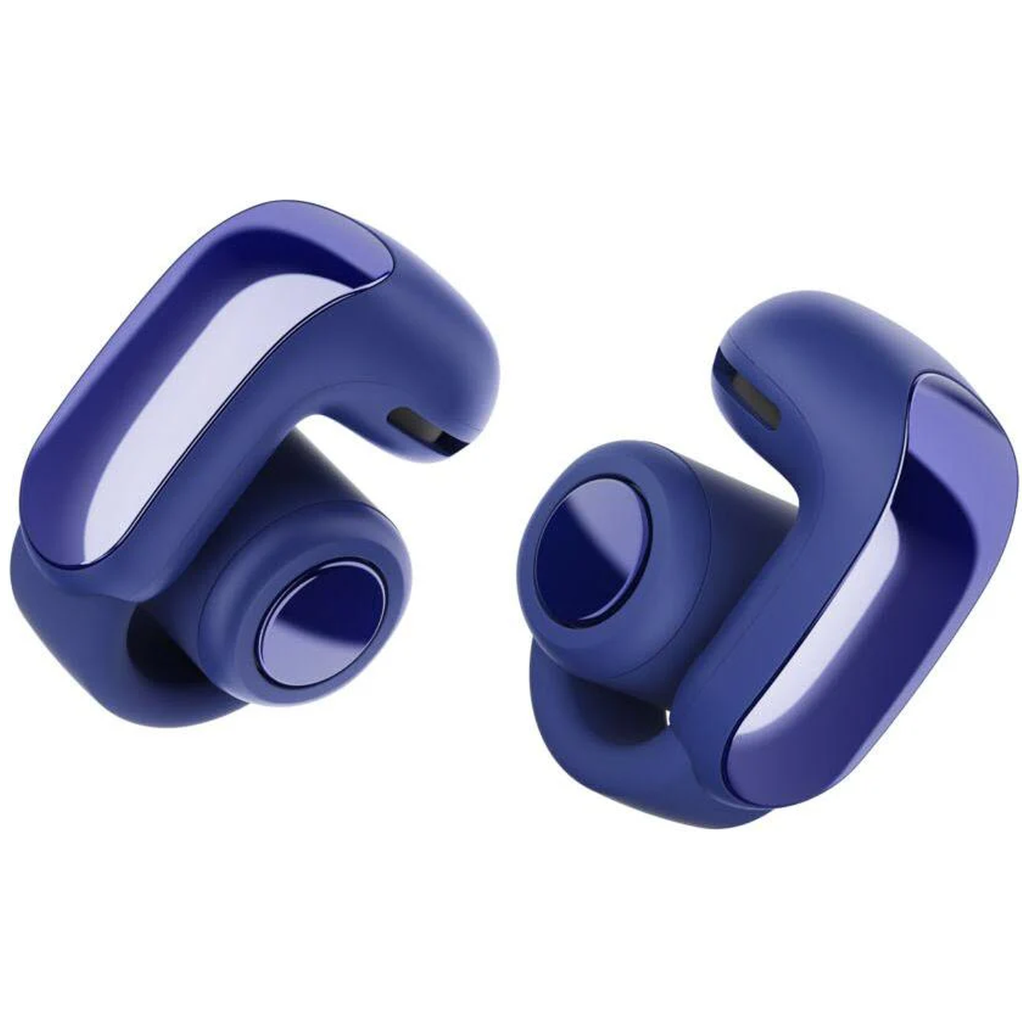 Twee blauwe draadloze oordopjes worden weergegeven. Elk heeft een gebogen over-ear ontwerp met een glanzend accent en een donkere opening.