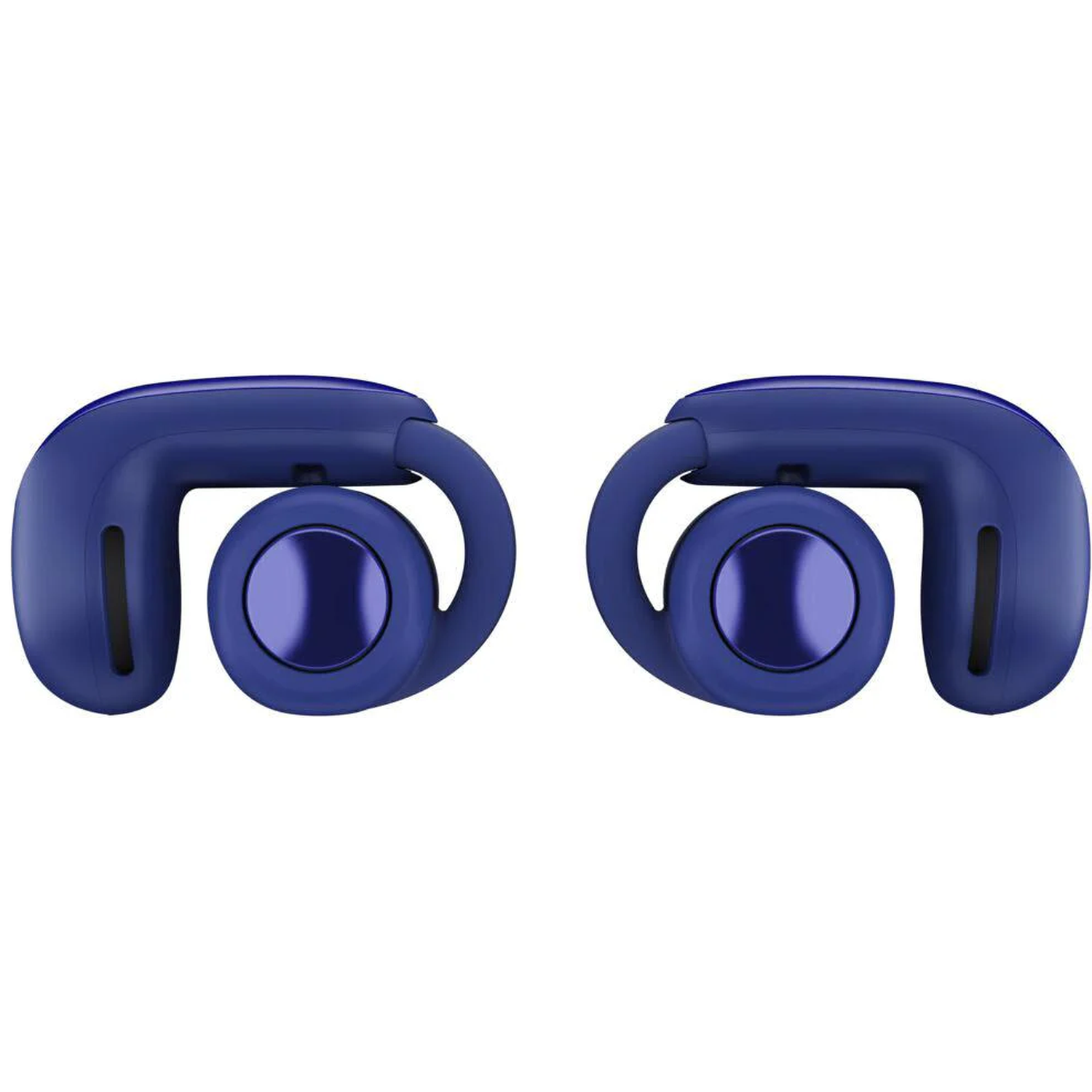 Twee blauwe oortelefoonhoofdtelefoons, elk met een cirkelvormige oortelefoon en een over-ear haakontwerp. Ze staan ​​tegen een witte achtergrond.