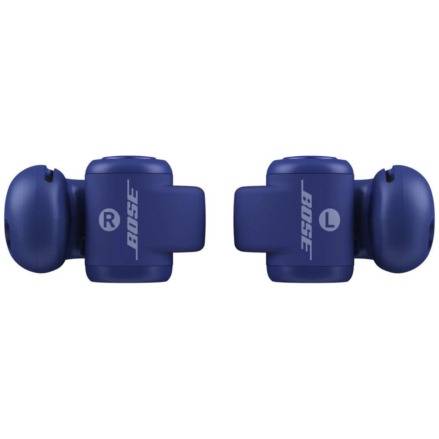 Twee blauwe Bose oordopjes. De rechter oordop heeft een 'R' en de linker een 'L'. Beide hebben het Bose logo.