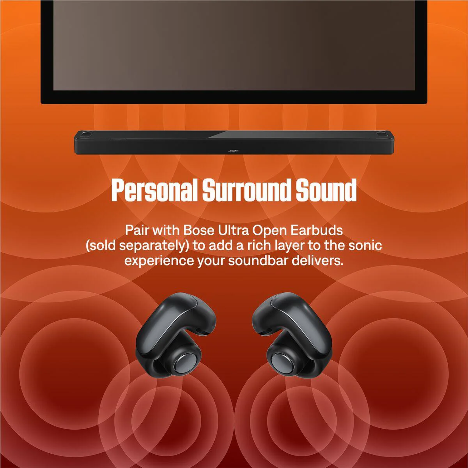 Afbeelding toont een soundbar, tv en oordopjes. Tekst promoot 'Personal Surround Sound' met Bose Ultra Open Earbuds. Rode achtergrond.