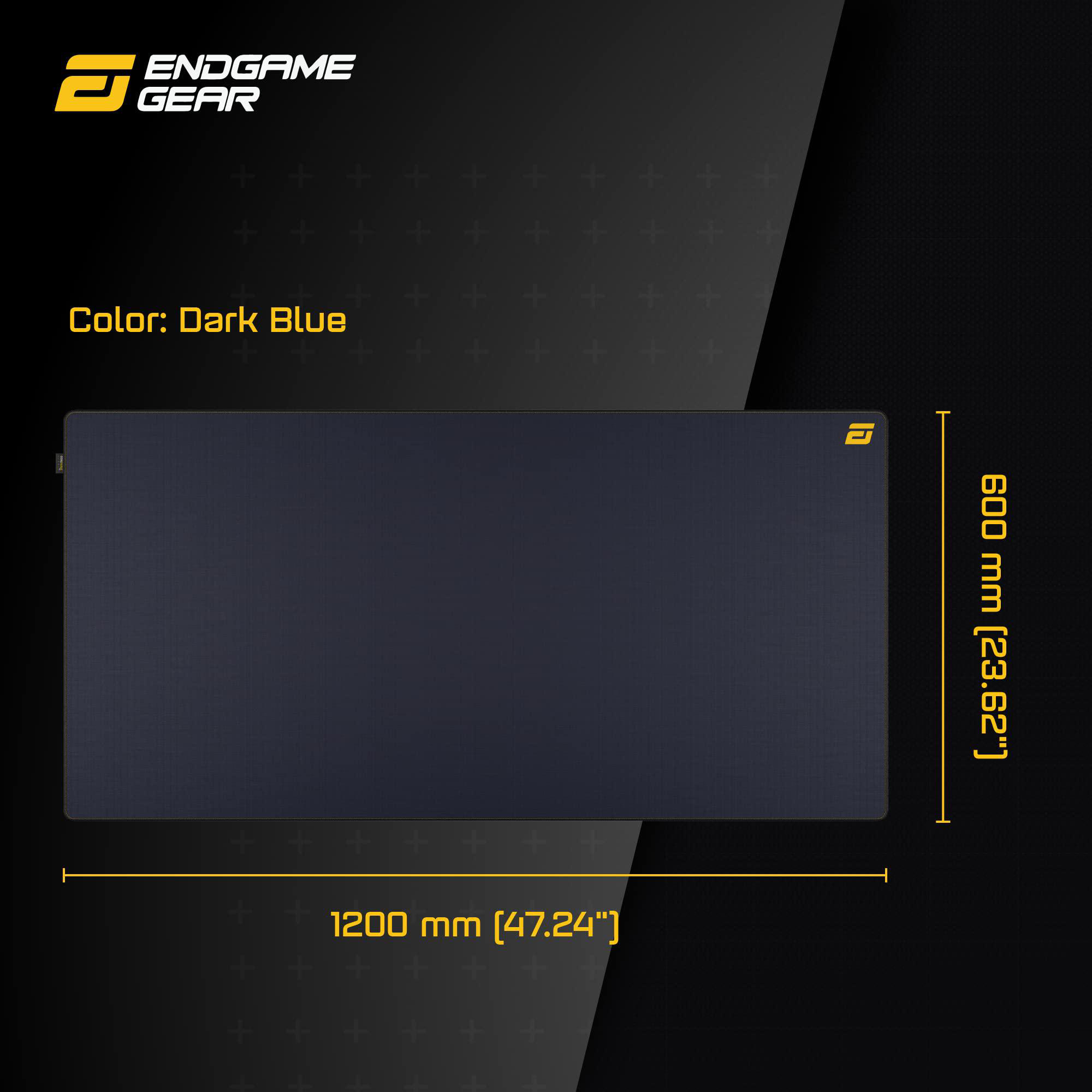 Dunkelblaues Endgame Gear Mauspad. Abmessungen sind 1200 mm x 600 mm. Das Logo befindet sich oben links.