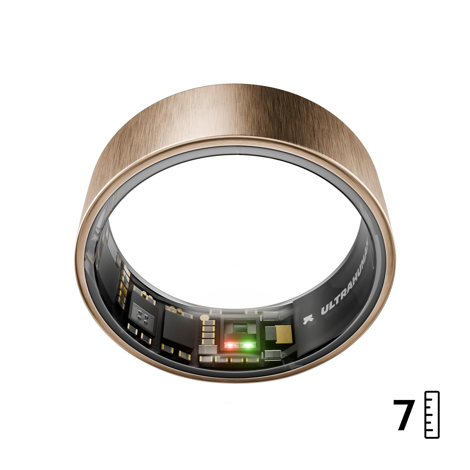 Goldener Ring mit interner Schaltung. Zeigt grüne und rote Lichter. Zahl 7 und eine Skala rechts.