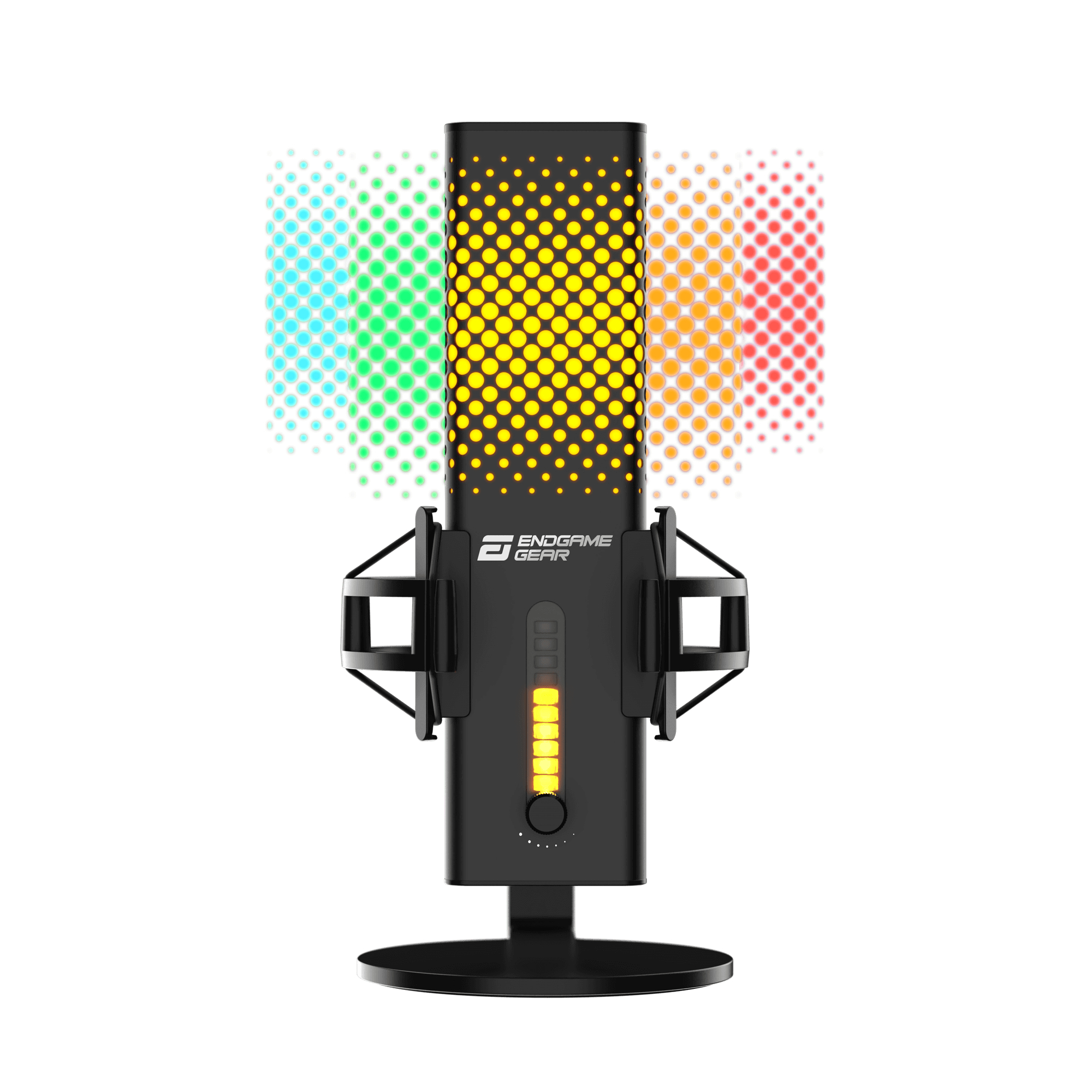 Ein schwarzes Mikrofon mit bunten Lichtern. Das Mikrofon hat einen Ständer, ein Logo und ein LED-Display. Der Hintergrund ist weiß.
