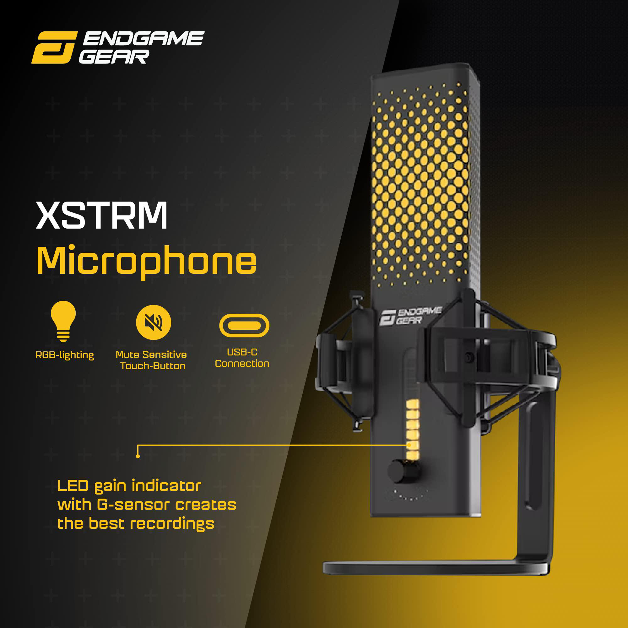 Ein schwarzes Mikrofon mit gelben Akzenten. Text sagt XSTRM Microphone. Features umfassen RGB-Beleuchtung und USB-C-Anschluss.