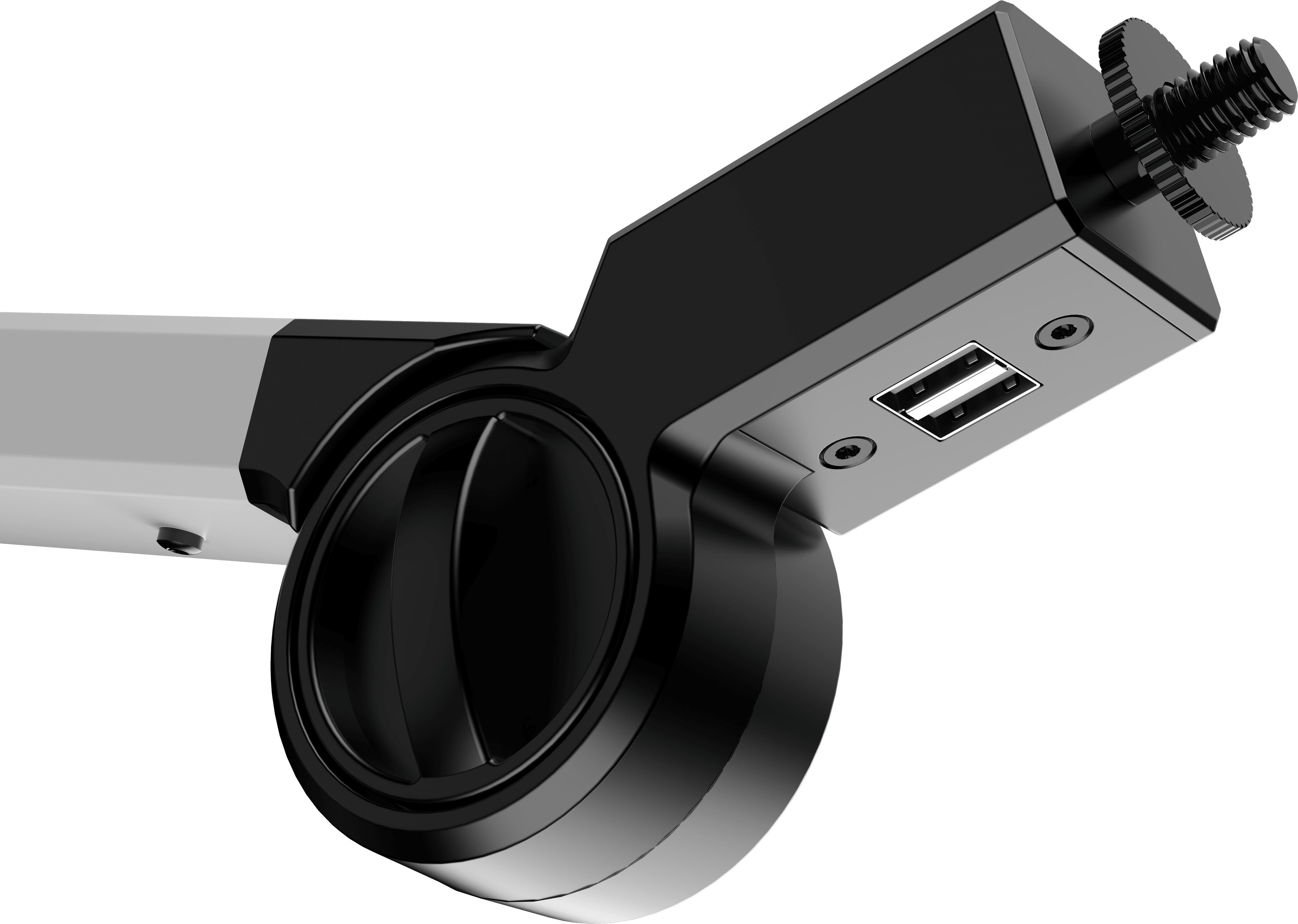 Ein schwarzes und graues Gerät mit Schraube, USB-Anschluss und runden Teilen.