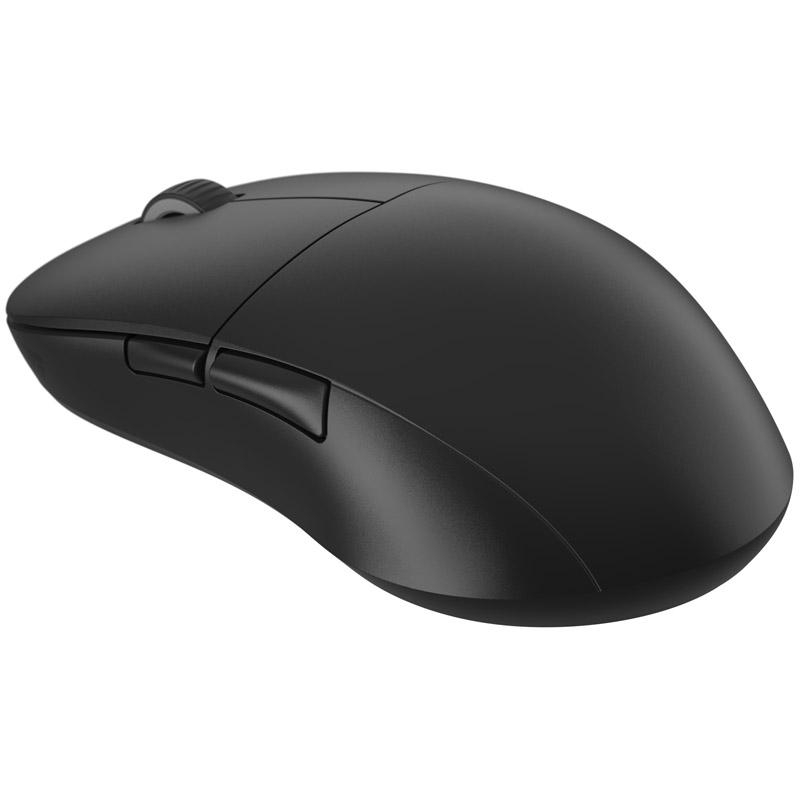 Eine schwarze kabellose Computermaus. Sie hat ein Scrollrad und zwei Seitentasten. Die Maus befindet sich auf weißem Hintergrund.