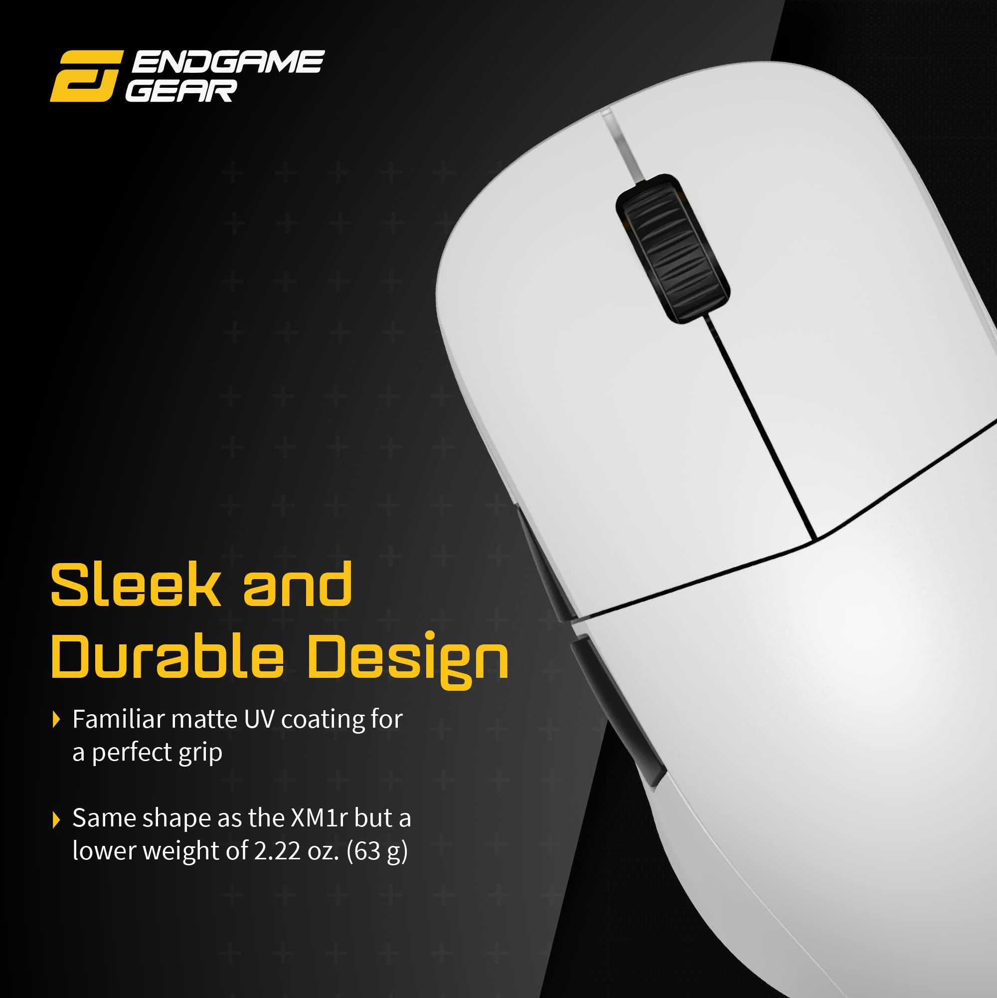 Weiße Endgame Gear Maus. Verfügt über ein schwarzes Scrollrad, ein schlankes Design und eine matte UV-Beschichtung. Text: Schlankes und strapazierfähiges Design.
