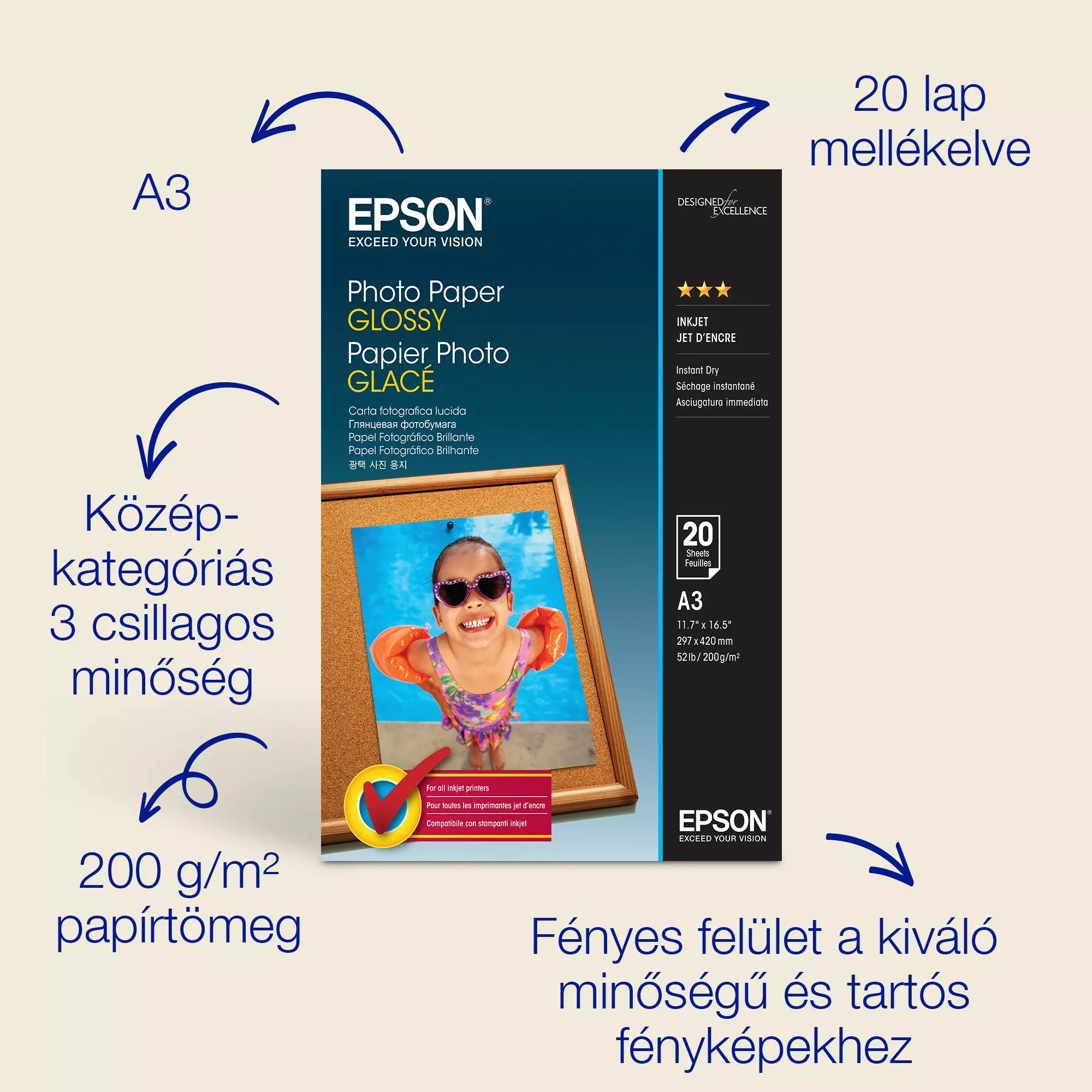 Epson fotópapír csomag. Egy napszemüveges gyerek a medencében a képben. Magyar nyelvű szöveg.