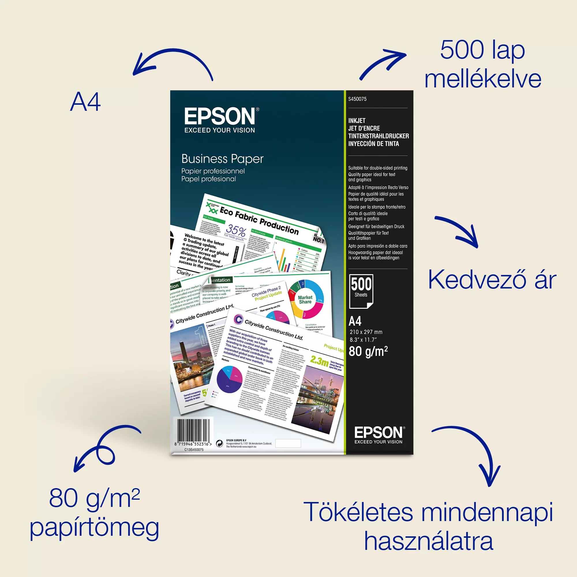 Epson Business papír csomag termék adatokkal, A4 méret, 500 lap, ideális mindennapi használatra.