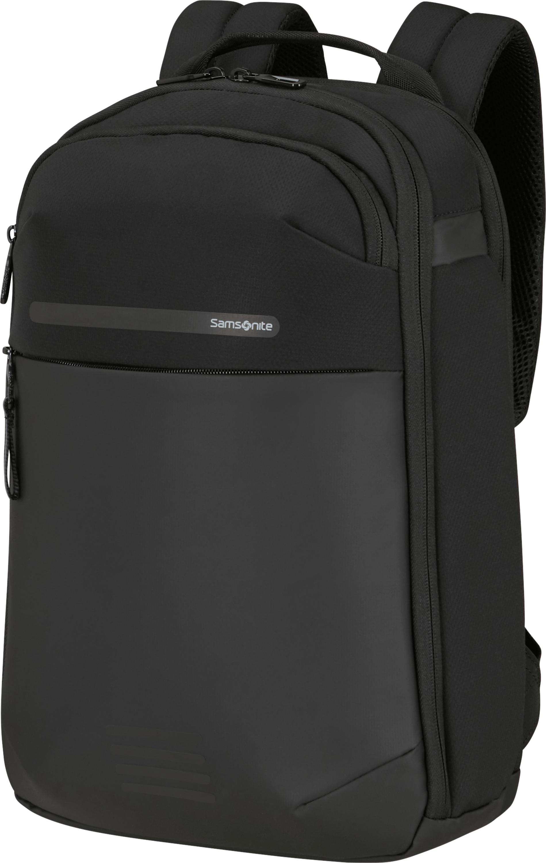 Egy fekete Samsonite hátizsák. Cipzárral, fényvisszaverő csíkkal és a Samsonite logóval rendelkezik.