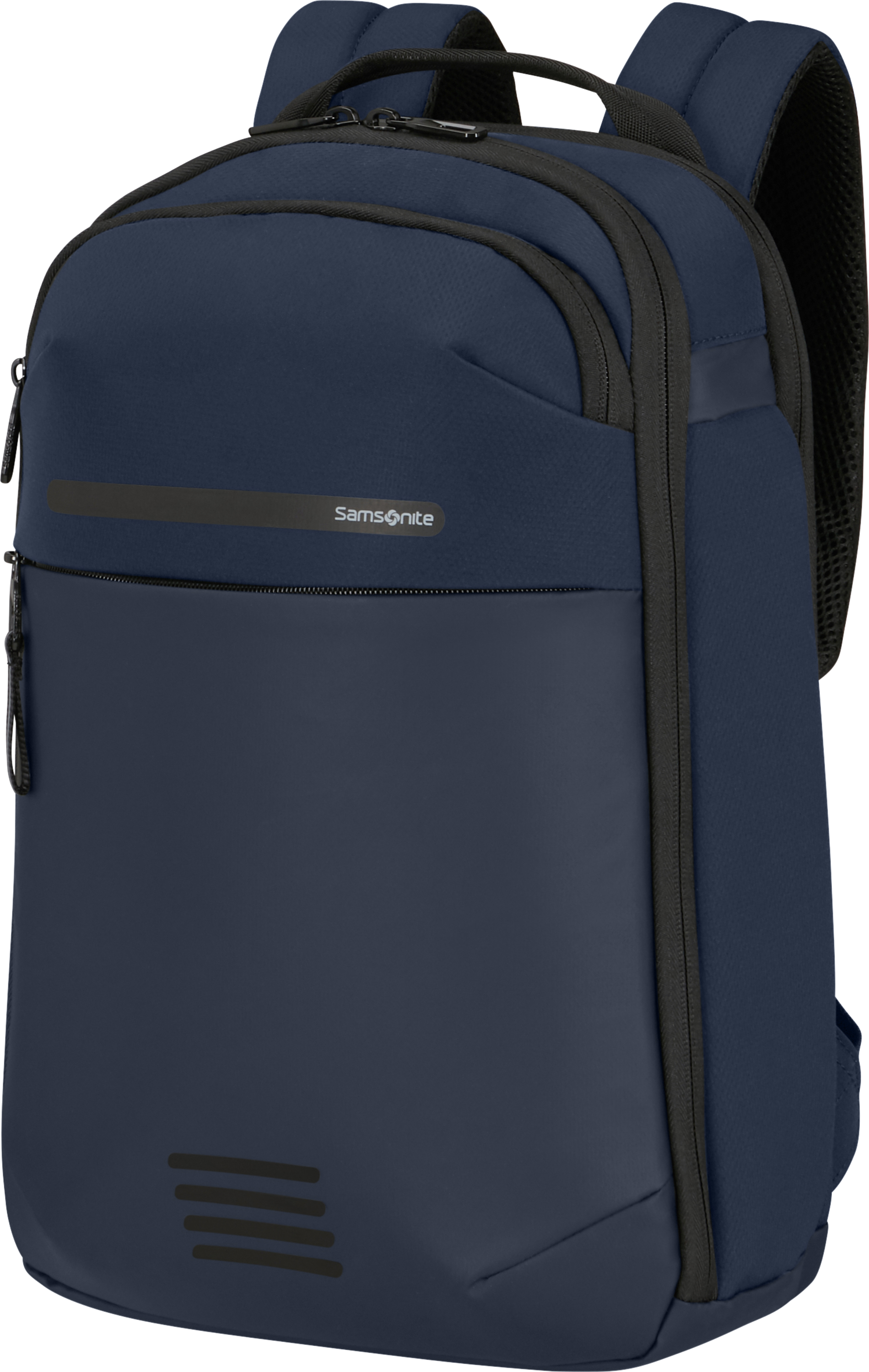 Egy sötétkék Samsonite hátizsák fekete cipzárral, pántokkal és logóval. Sima elülső és texturált oldalai vannak.