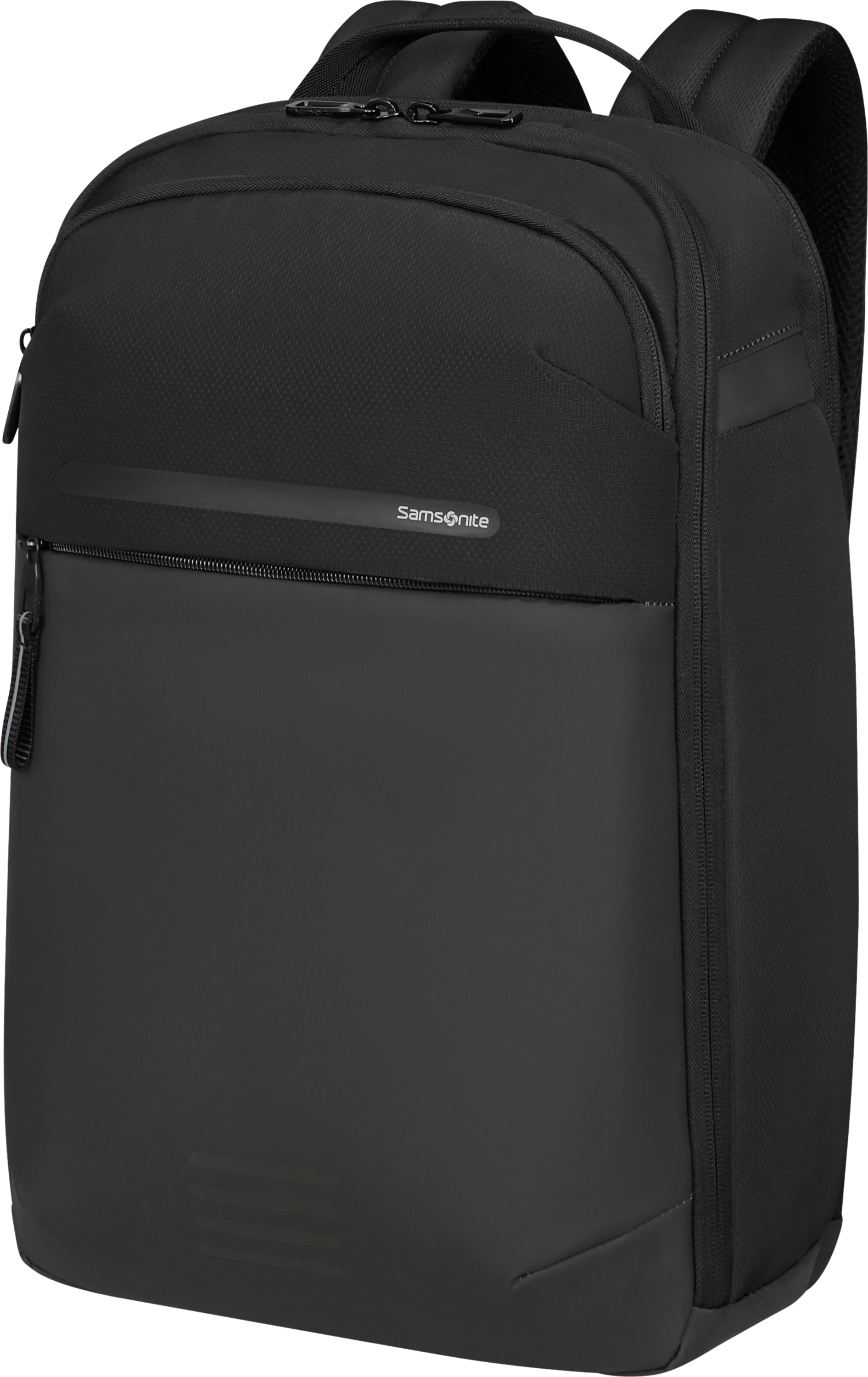 Fekete Samsonite hátizsák elülső cipzáras zsebbel és márkanévvel. Párnázott vállpántok és fogantyú.