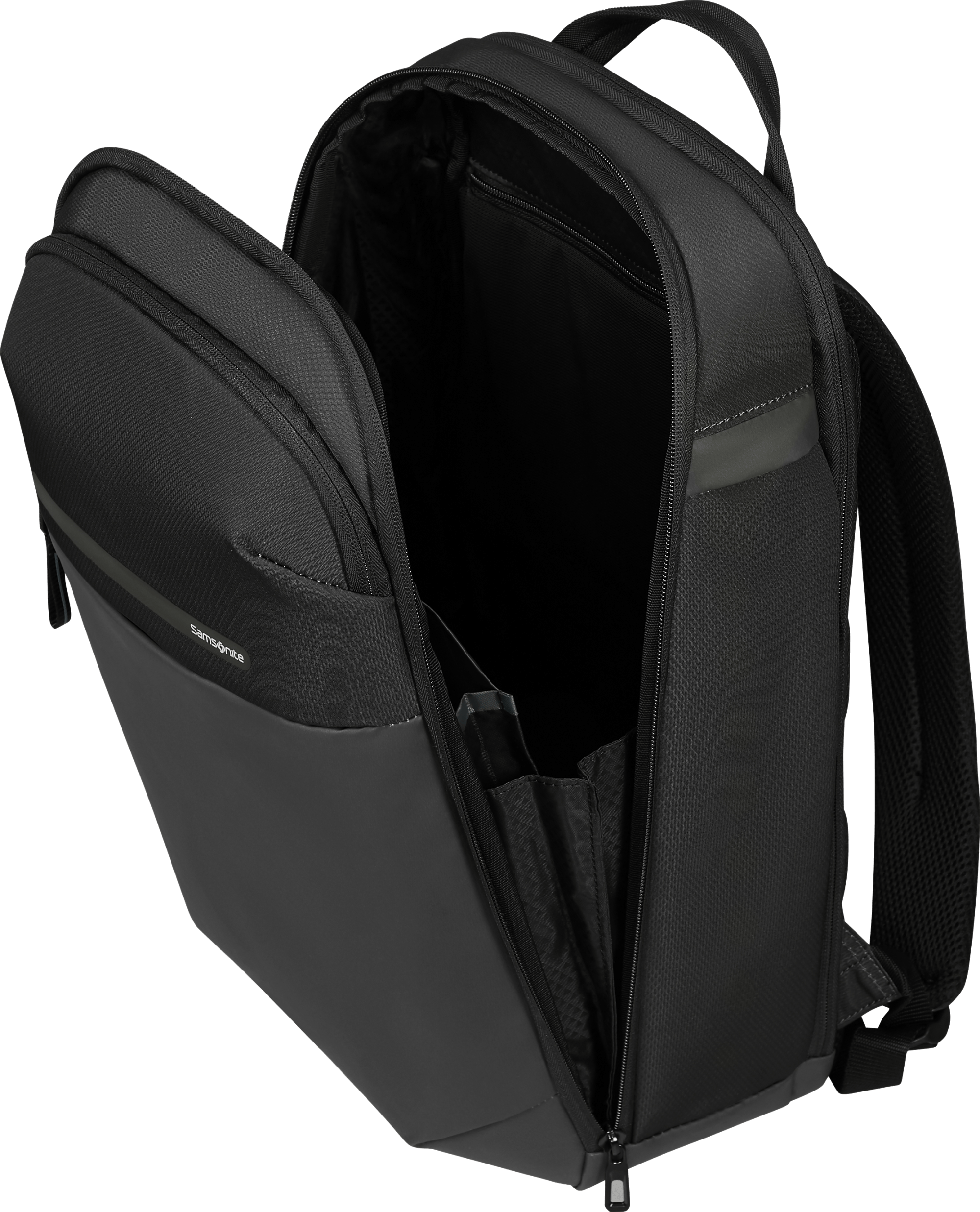Nyitott fekete Samsonite hátizsák, több rekesszel és zsebbel. A háttér zöld.