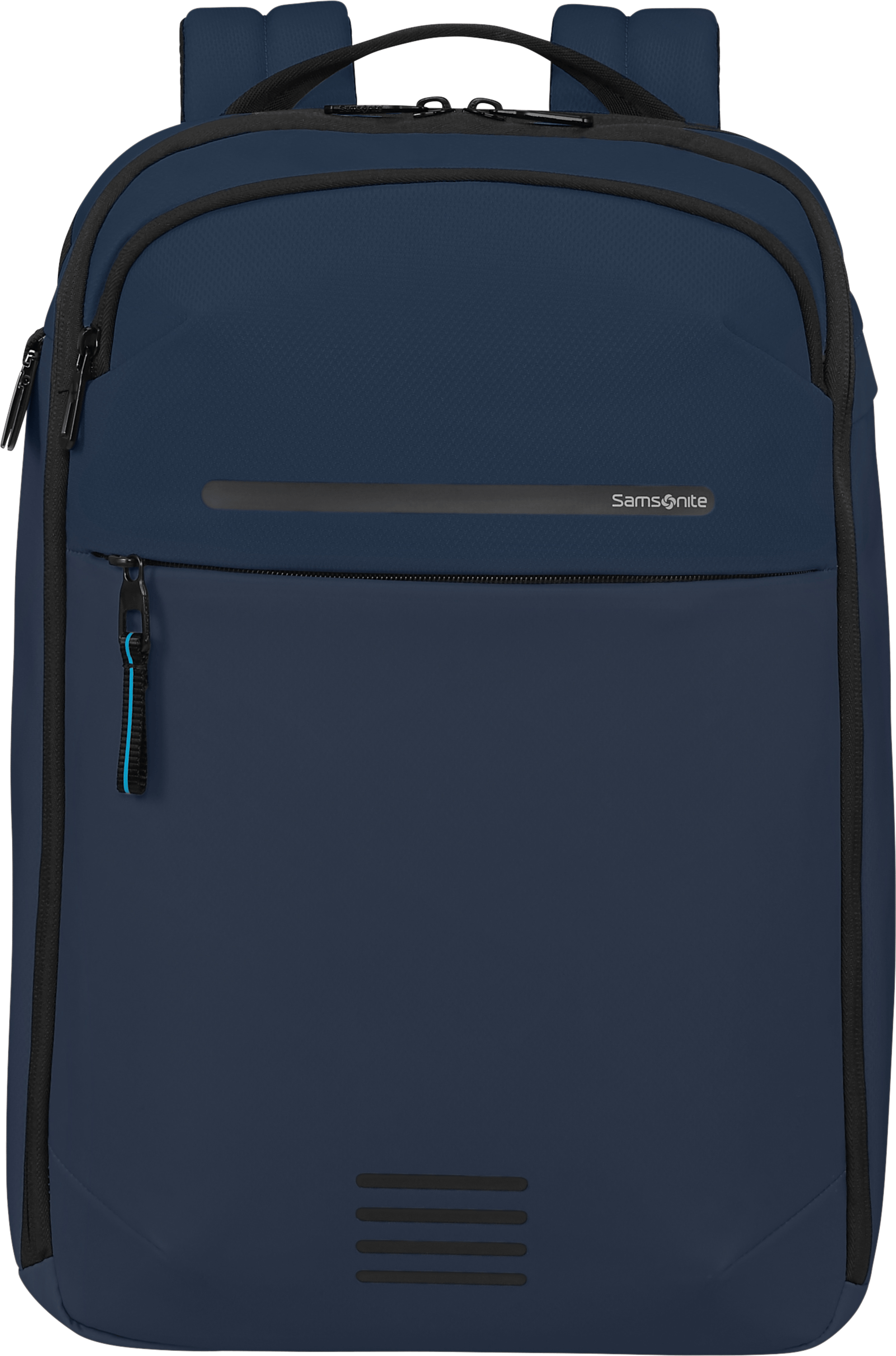 Sötétkék Samsonite hátizsák. Fekete cipzárakkal, kis logóval. Kék-fekete húzózárral.