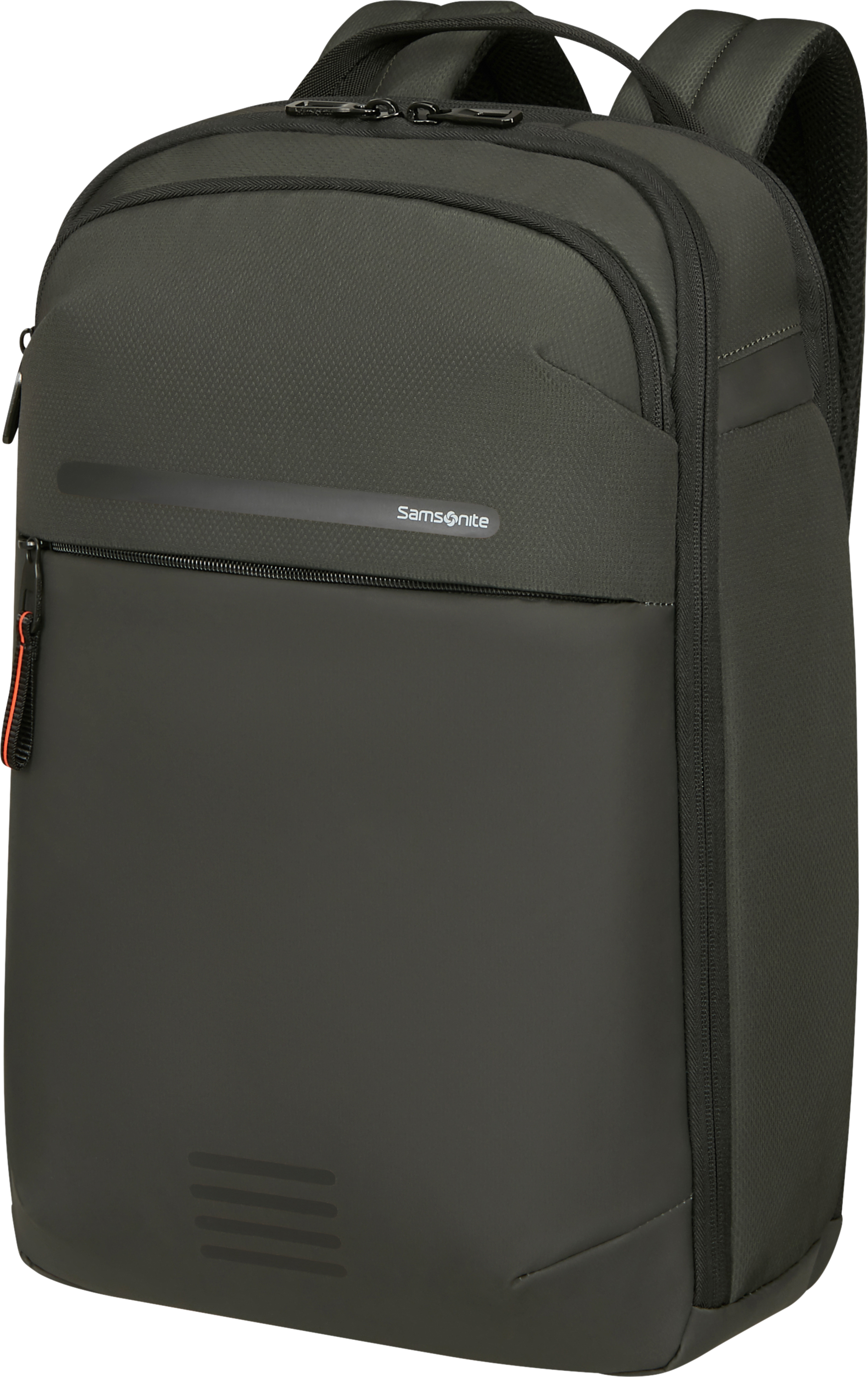 Egy sötétzöld Samsonite hátizsák elülső zsebbel, cipzárral és a Samsonite logóval.