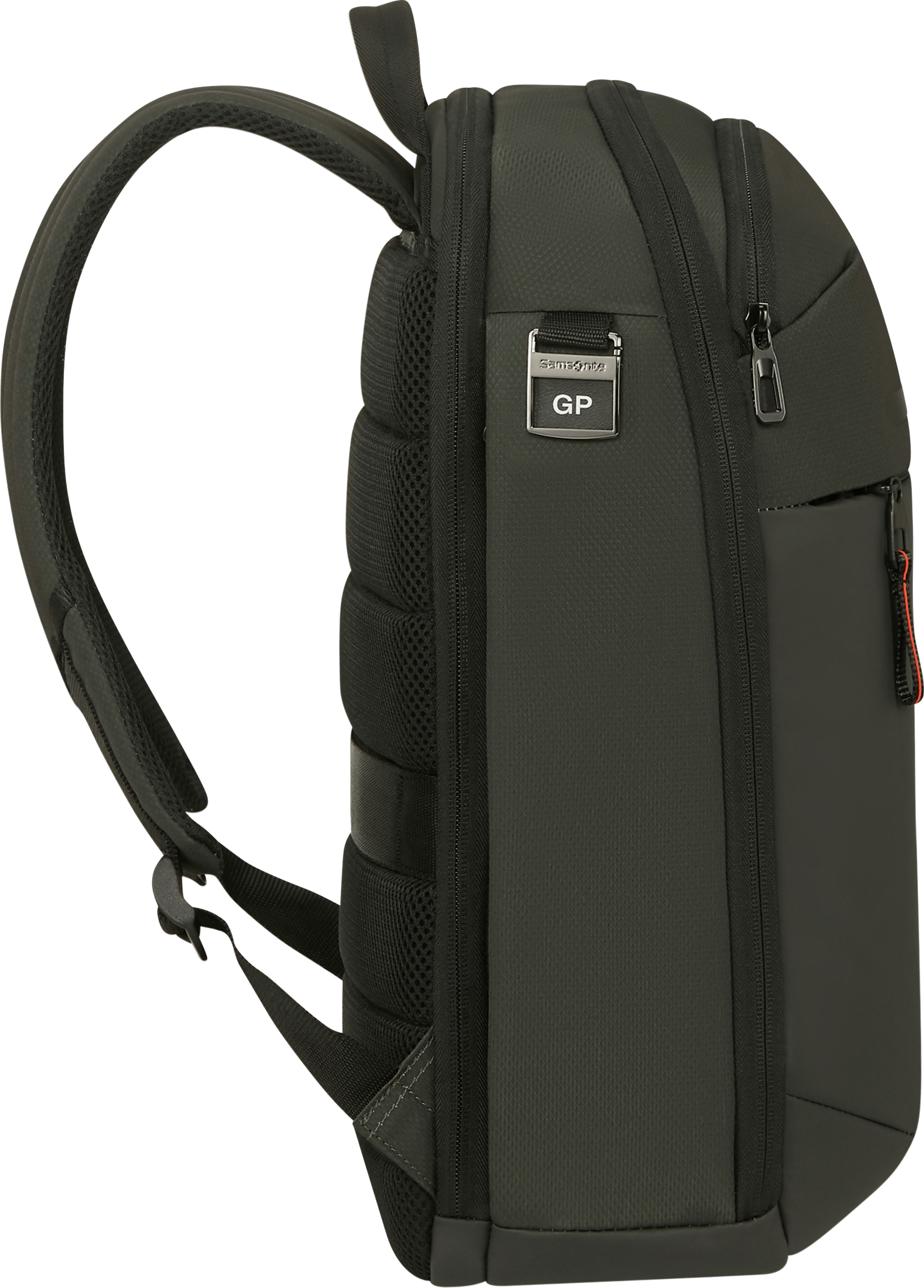 Egy sötétzöld Samsonite hátizsák oldalsó nézete. Cipzárral, pántokkal és a Samsonite logóval. A háttér fekete.