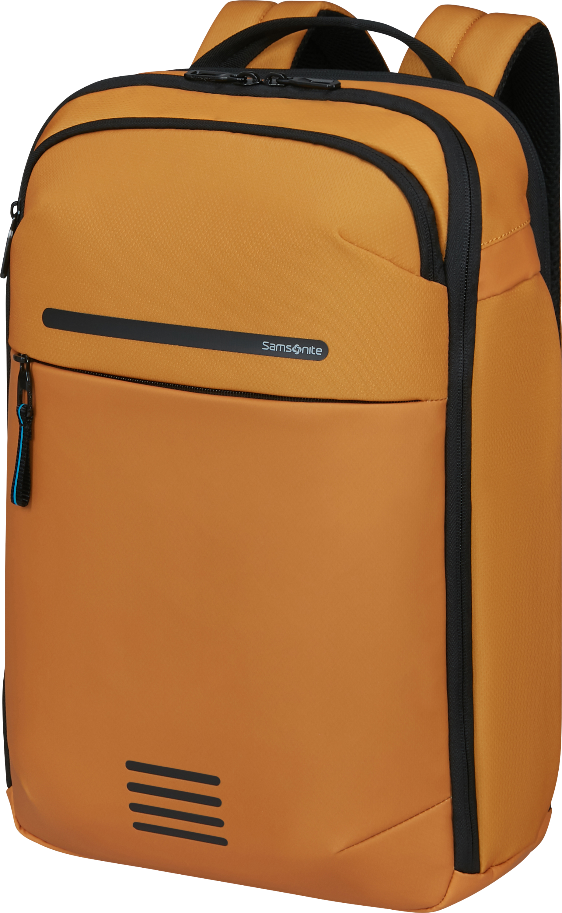 Egy narancssárga Samsonite hátizsák. Fekete cipzárjai és díszítései vannak. A Samsonite logó látható.