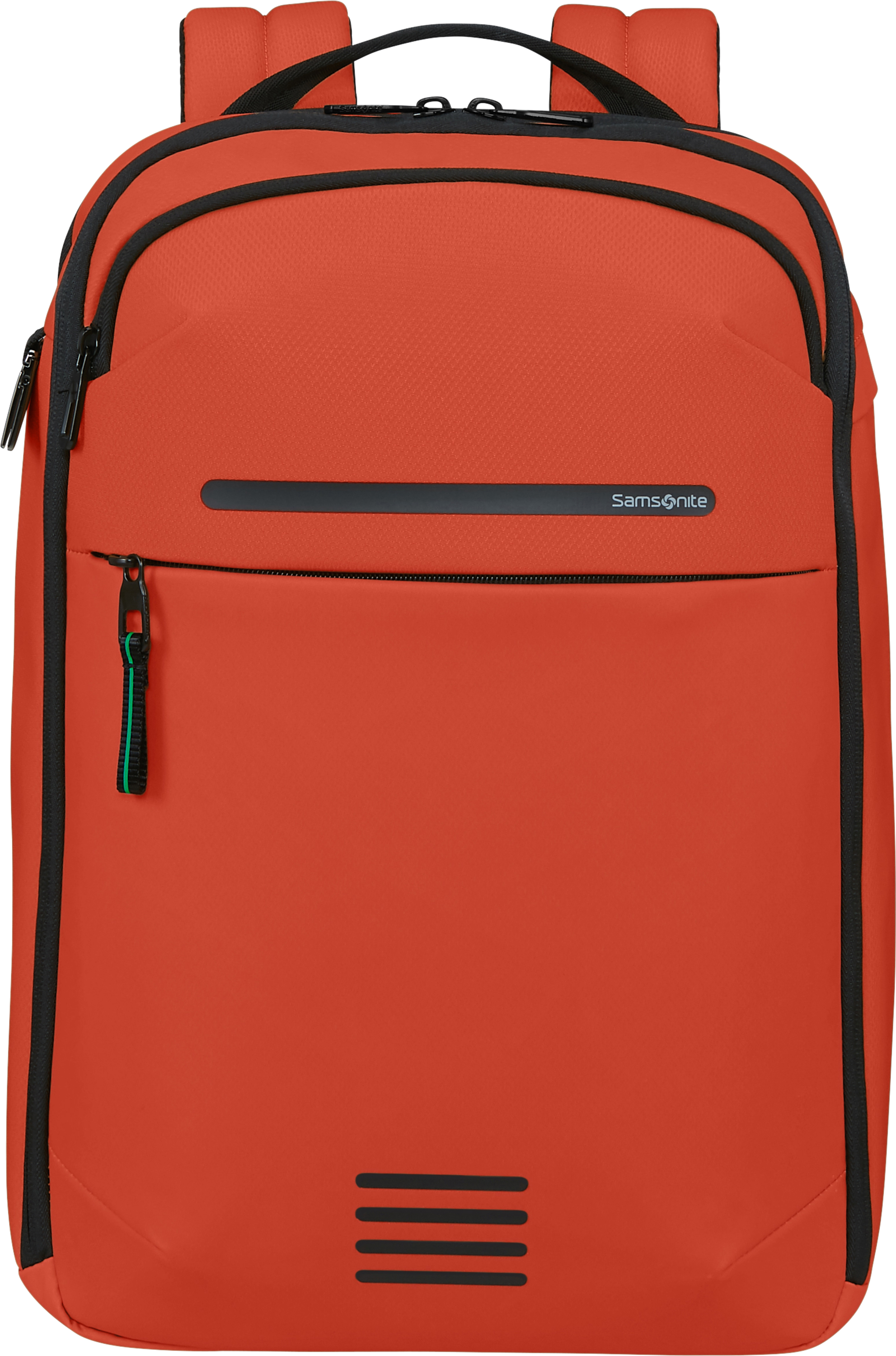Narancssárga hátizsák fekete díszítéssel, cipzáras zsebbel és Samsonite logóval. Négy fekete vonal alul.