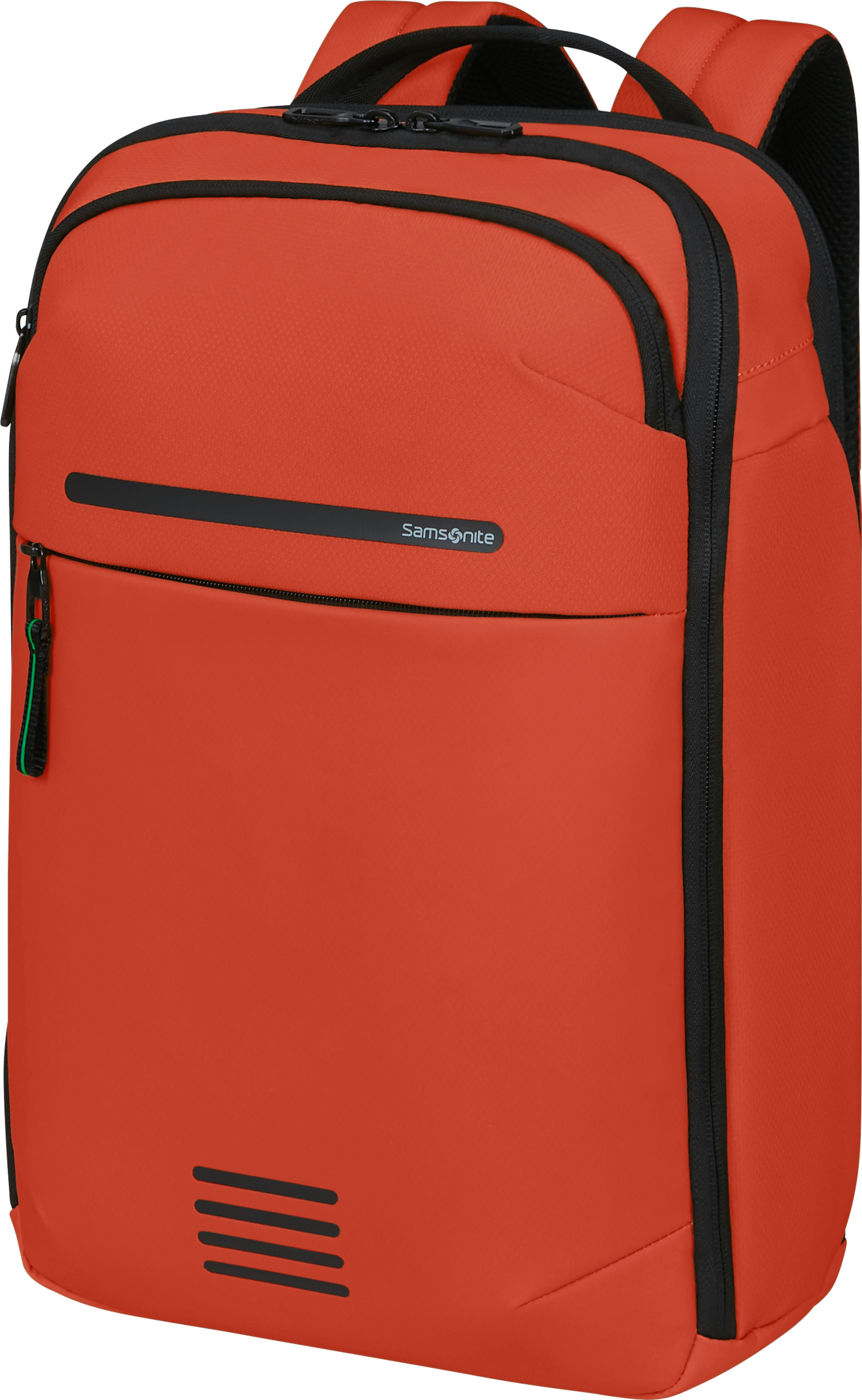 Egy narancssárga Samsonite hátizsák. Fekete cipzárak és díszítések vannak rajta. A táskának van fogantyúja és vállpántja.