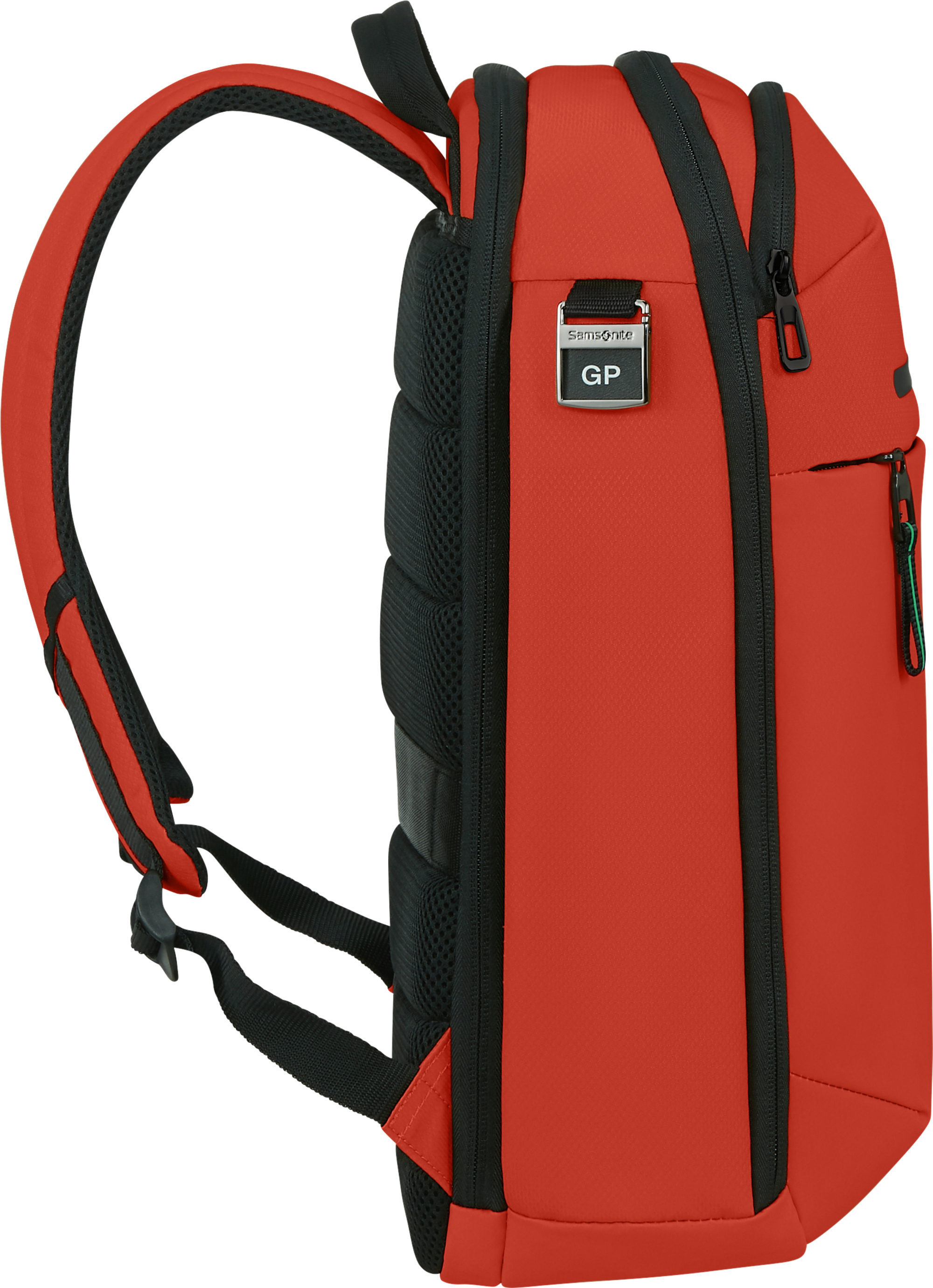 Piros Samsonite hátizsák fekete díszítéssel, cipzárral és pántokkal. Kis fémcímke a "GP" felirattal.