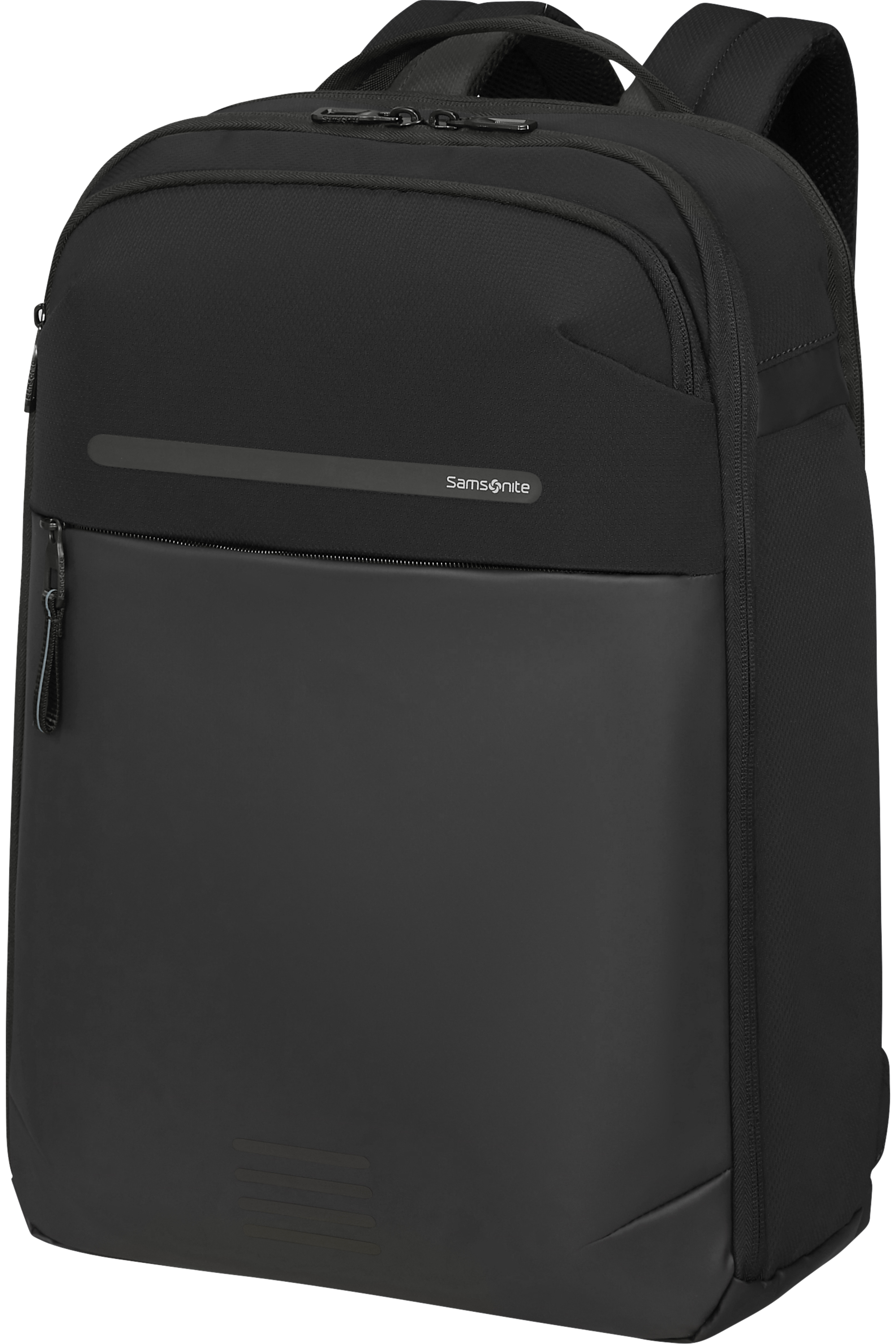 Egy fekete Samsonite hátizsák sima előlappal és texturált tetővel. Cipzárja és egy kis logója van.