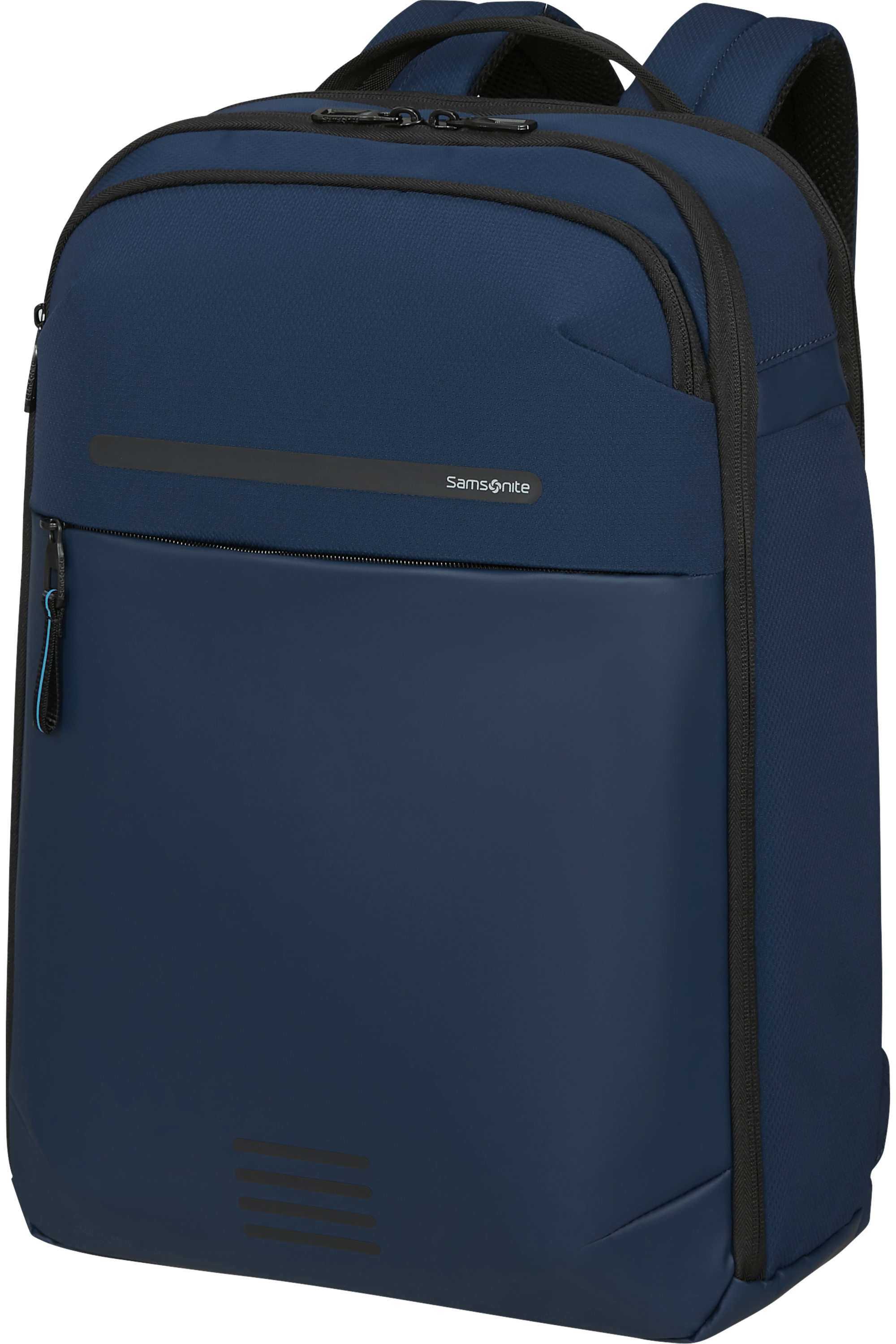 Egy sötétkék Samsonite hátizsák. Jellemzői a több rekesz, a fekete cipzár és a párnázott hát.