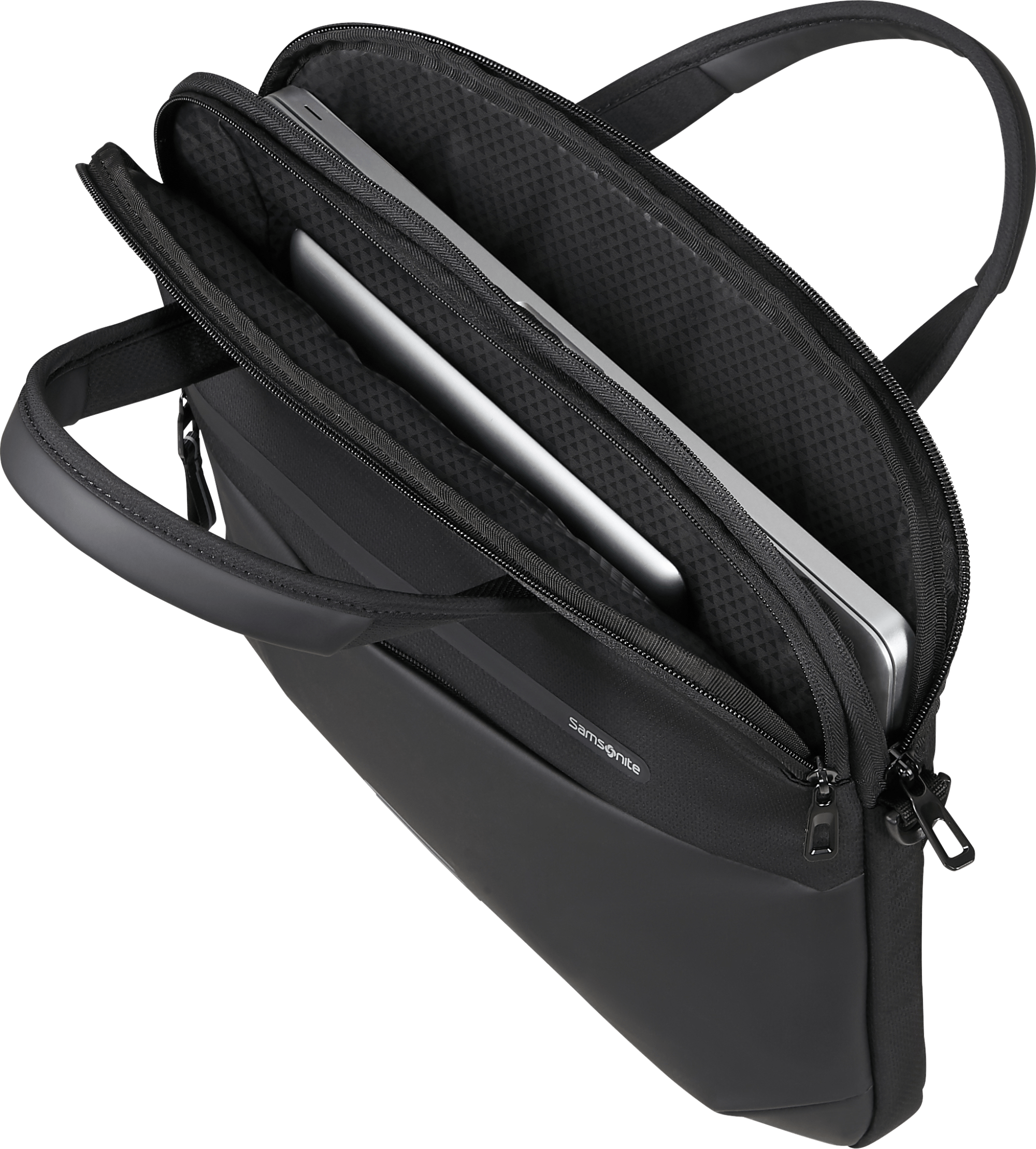 Nyitott fekete Samsonite laptoptáska, benne egy ezüst laptop. A háttér zöld.