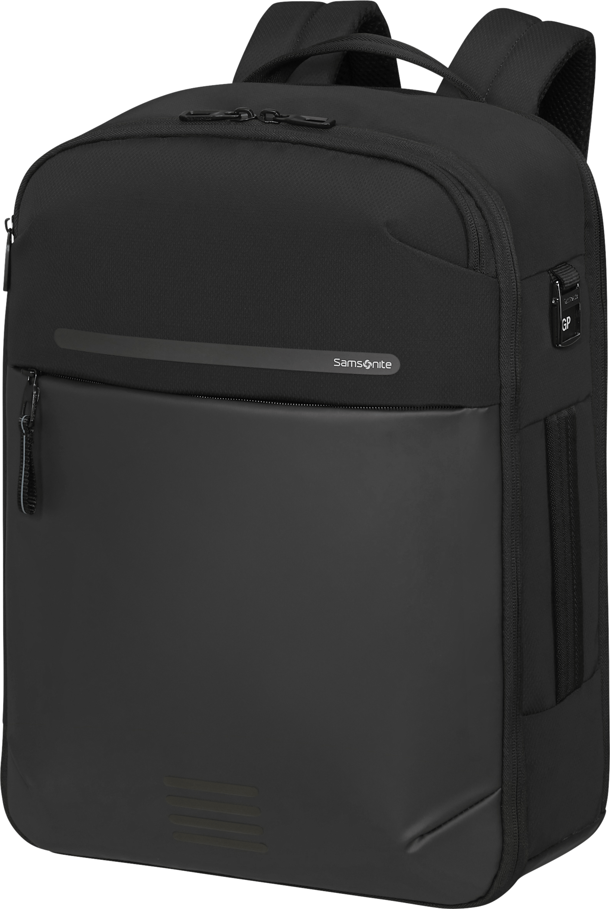 Egy fekete Samsonite hátizsák. Cipzárral, fogantyúval és a Samsonite logóval. A háttér egyszerű.