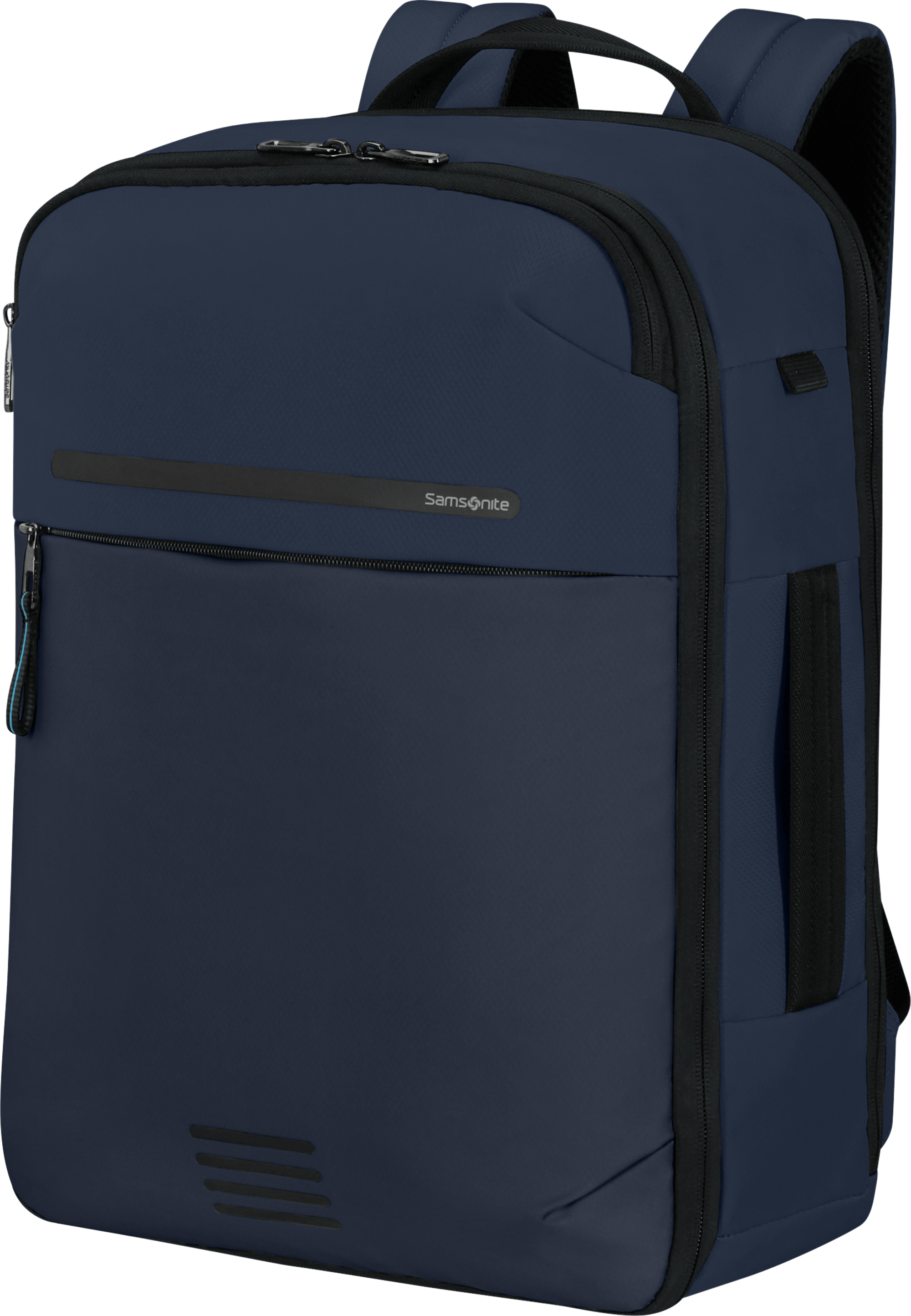 Kék Samsonite hátizsák. Elülső zsebbel, oldalzsebbel és fekete cipzárral. Samsonite logó látható.