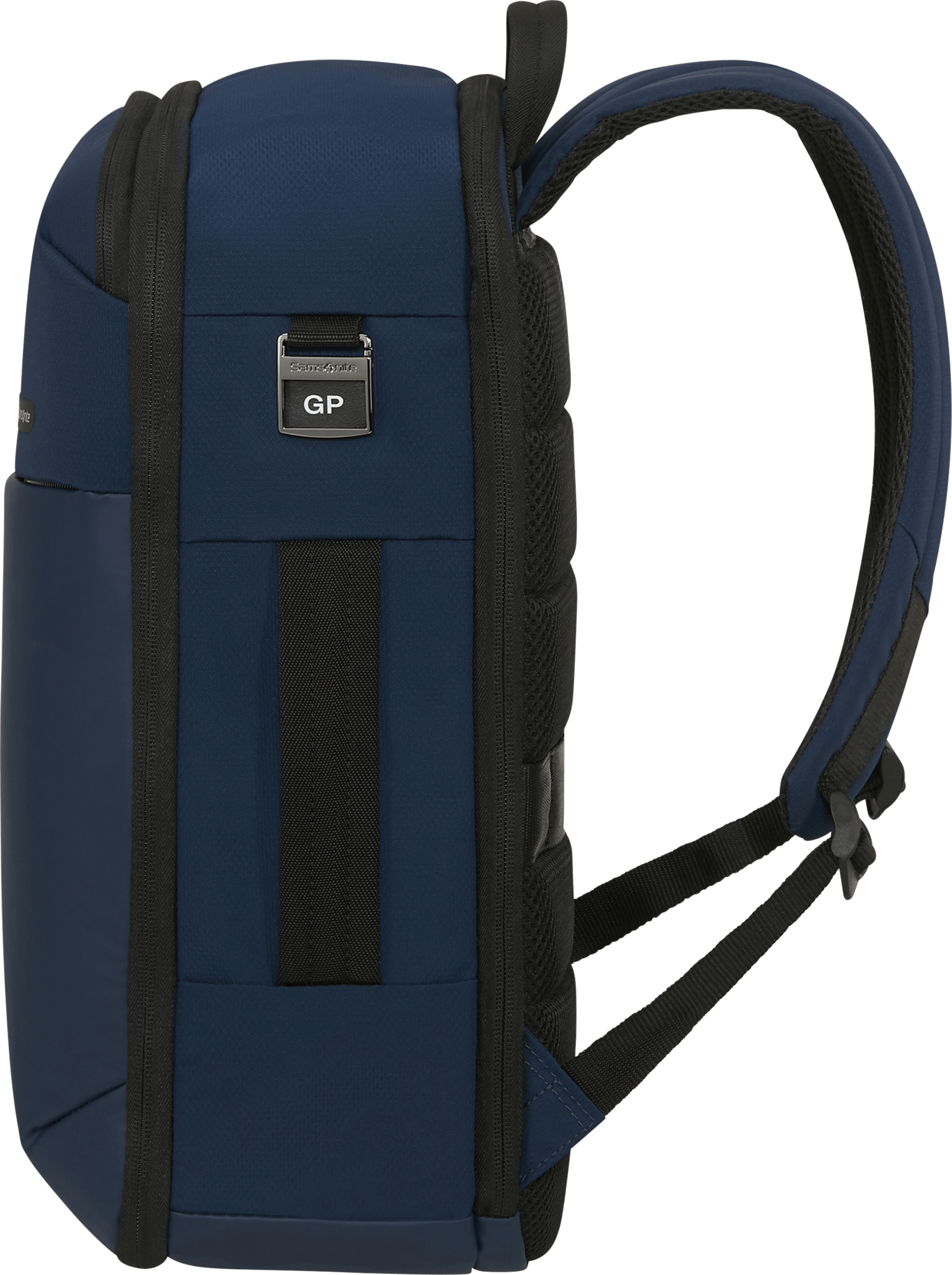 Kék hátizsák oldalsó nézete fekete pántokkal és részletekkel. Samsonite logóval.