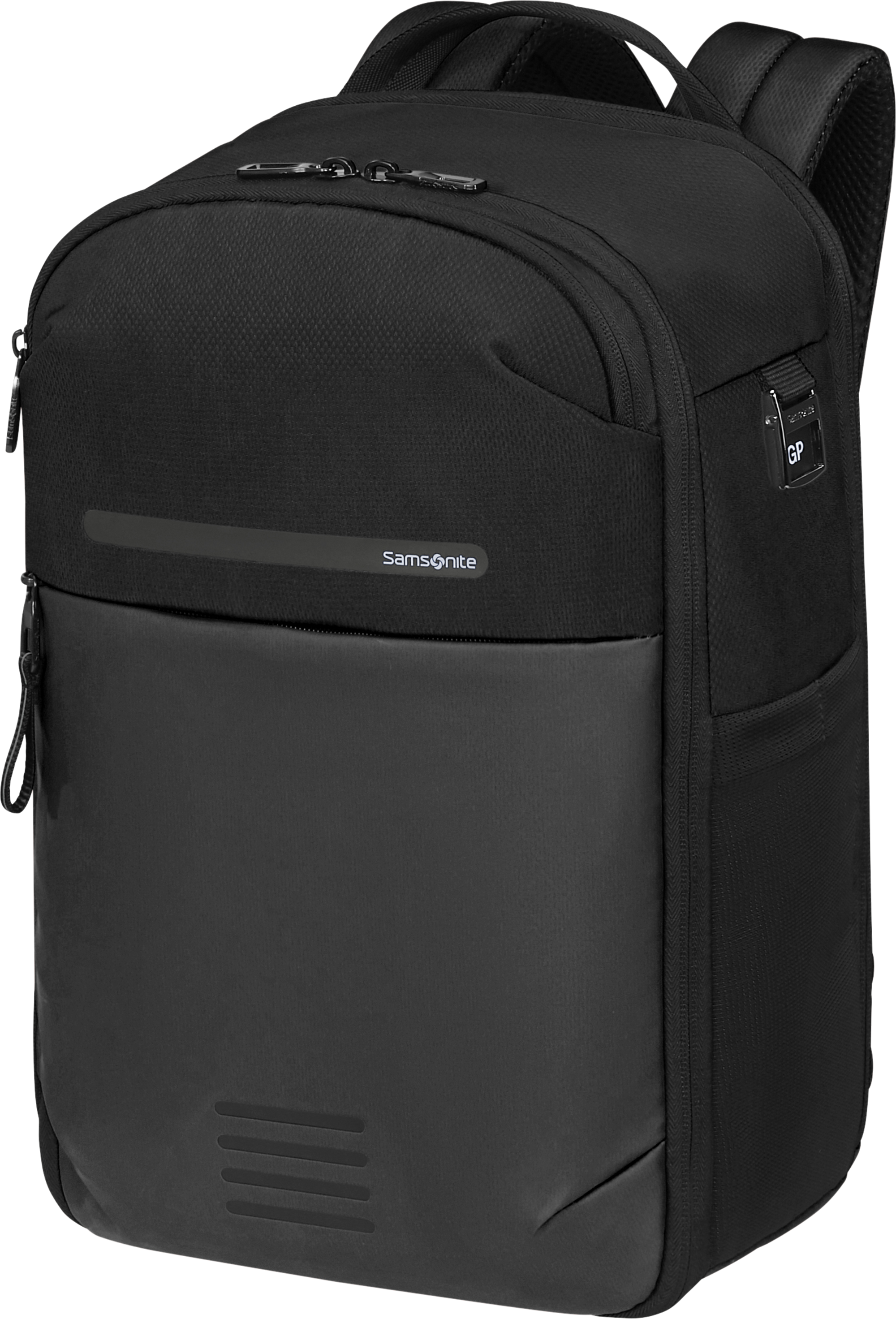 Fekete Samsonite hátizsák. Felső fogantyúval, több rekesszel és a Samsonite logóval rendelkezik.