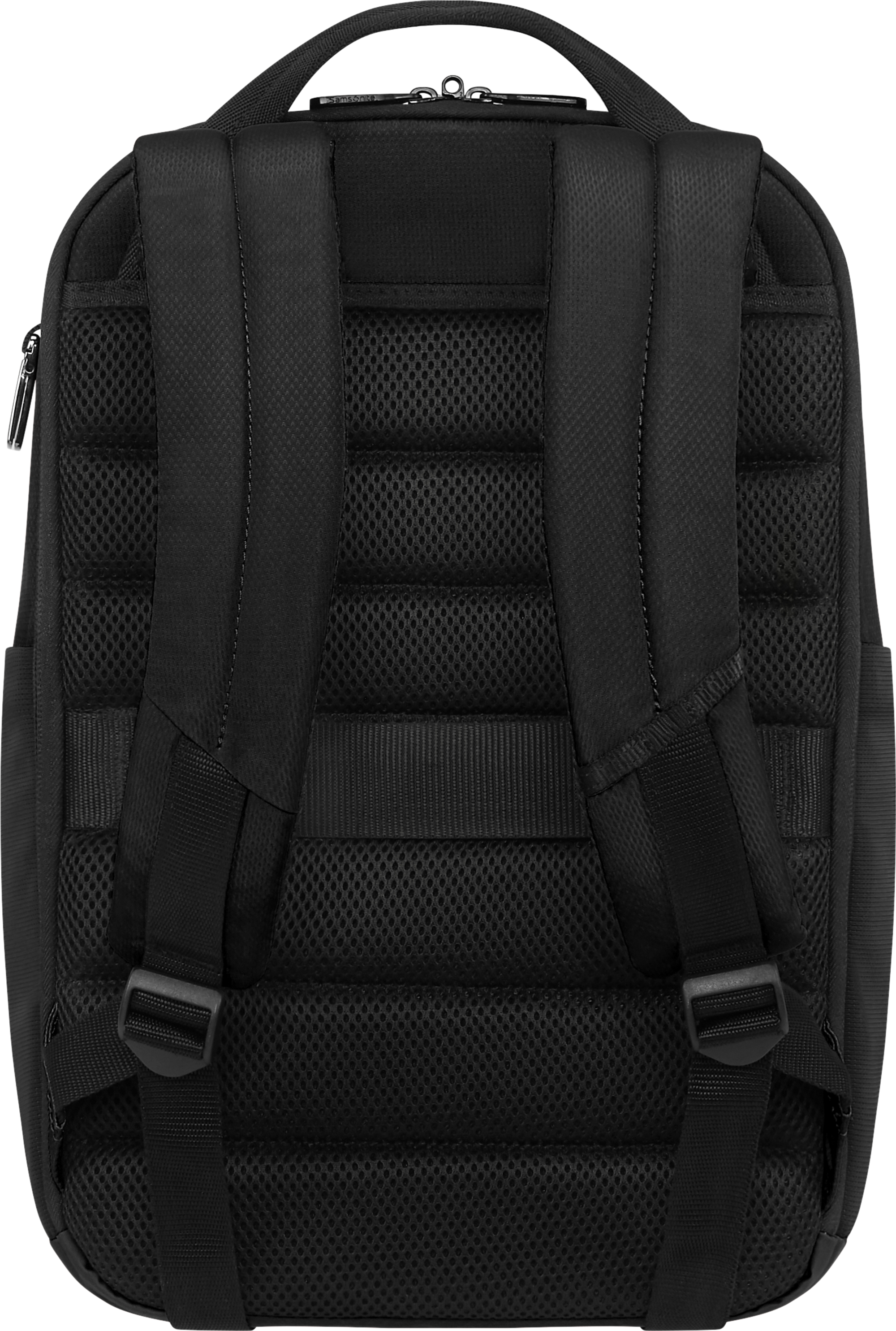 Fekete hátizsák hátulja párnázott pántokkal és hálóval. Samsonite logó látható.