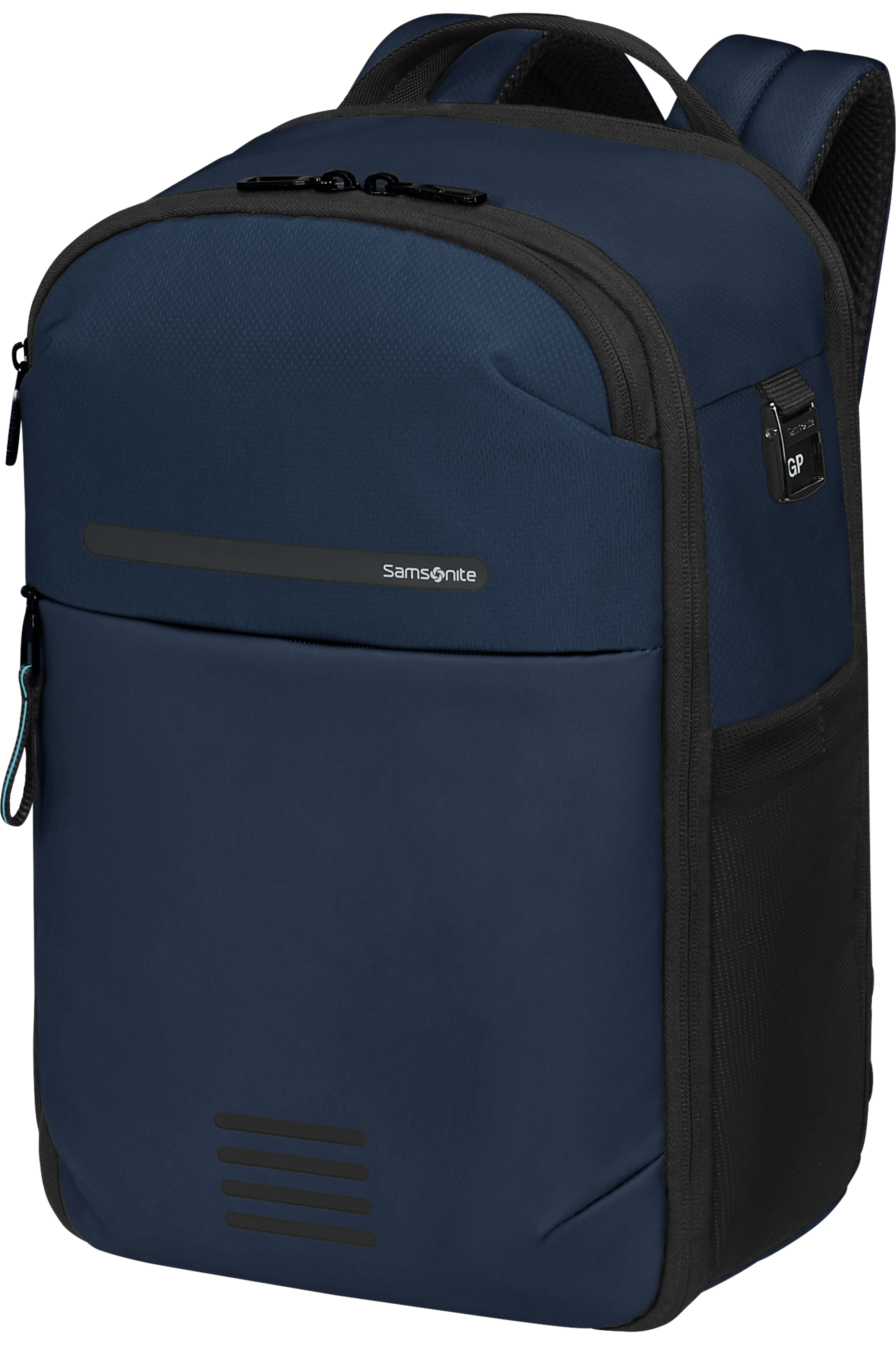 Egy sötétkék hátizsák fekete díszítésekkel. Látható a Samsonite logó. Fogantyúval és cipzárral rendelkezik.